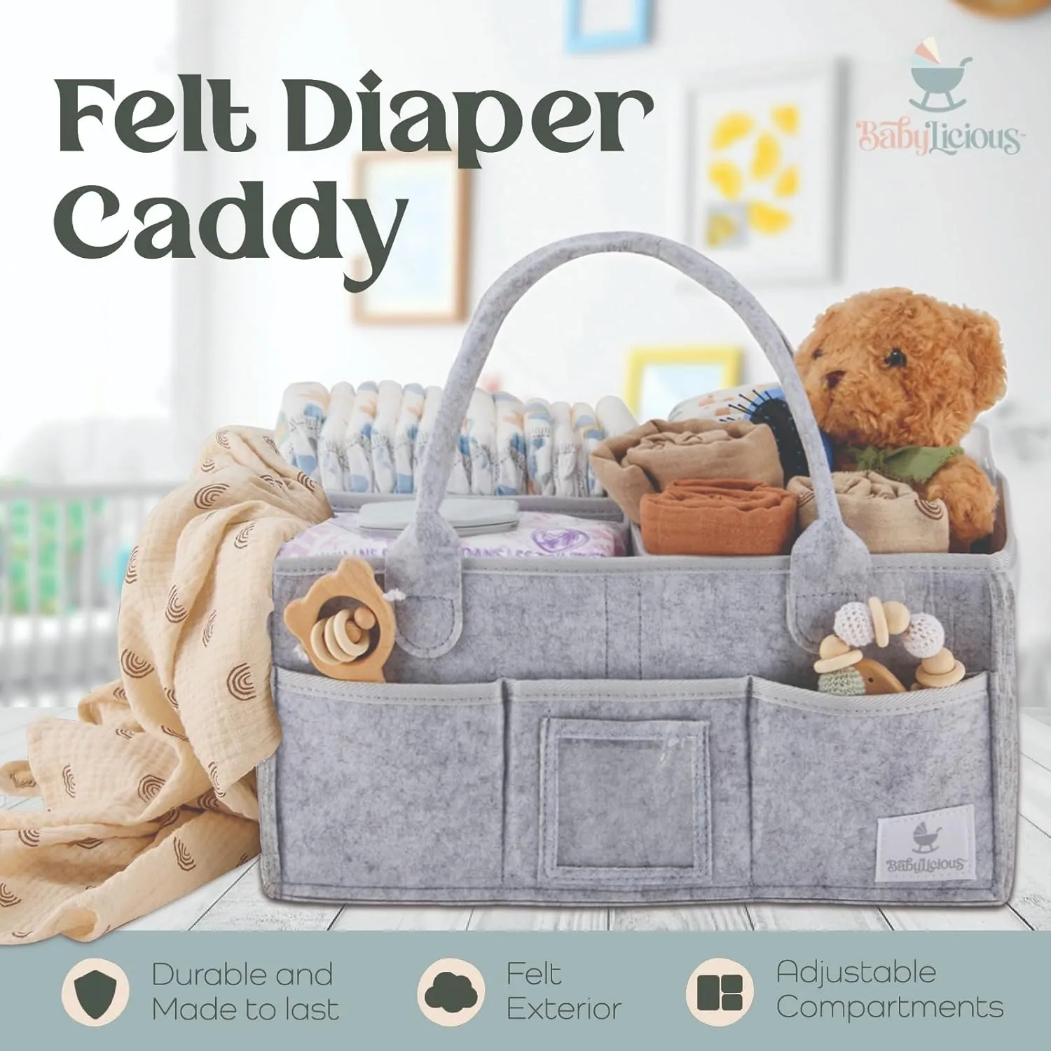 Babylicious Baby Diaper Caddy Organizer | Felt Changing Table Organizer - XL | Diaper Organizer for Changing Table | Name Card Included- Newborn Essentials Must Haves for Parents Heather Grey