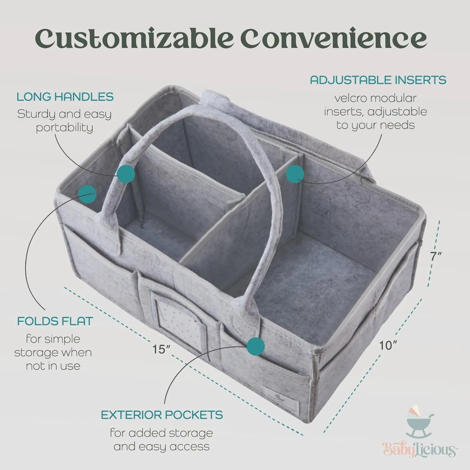 Babylicious Baby Diaper Caddy Organizer | Felt Changing Table Organizer - XL | Diaper Organizer for Changing Table | Name Card Included- Newborn Essentials Must Haves for Parents Heather Grey