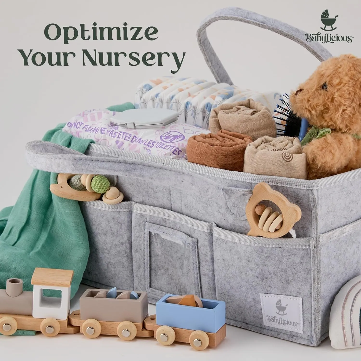 Babylicious Baby Diaper Caddy Organizer | Felt Changing Table Organizer - XL | Diaper Organizer for Changing Table | Name Card Included- Newborn Essentials Must Haves for Parents Heather Grey