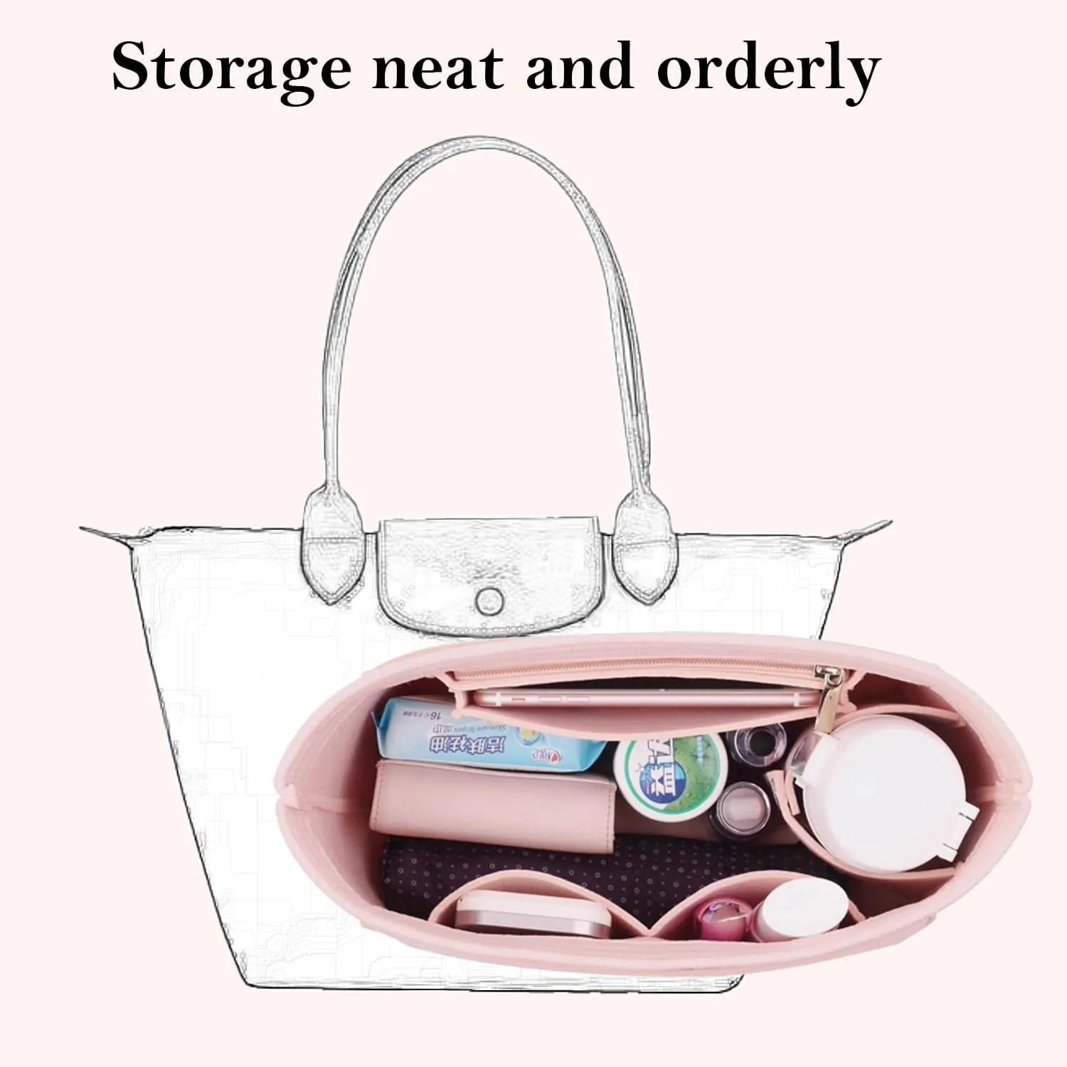 Bag Insert Organizer, purse accessories, Suitable For Longchamp long handle tote organizer (Pink, L（long handle）)