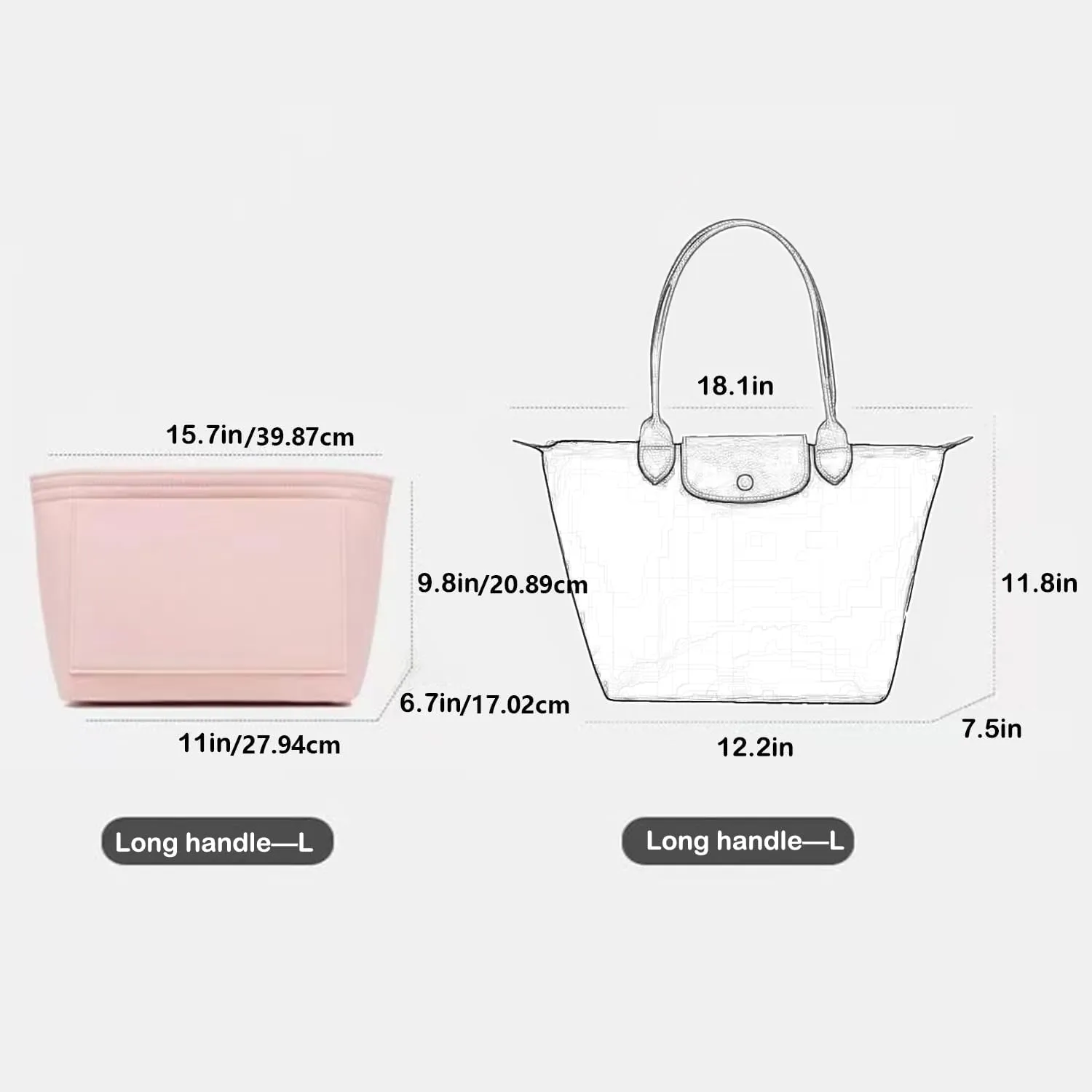 Bag Insert Organizer, purse accessories, Suitable For Longchamp long handle tote organizer (Pink, L（long handle）)