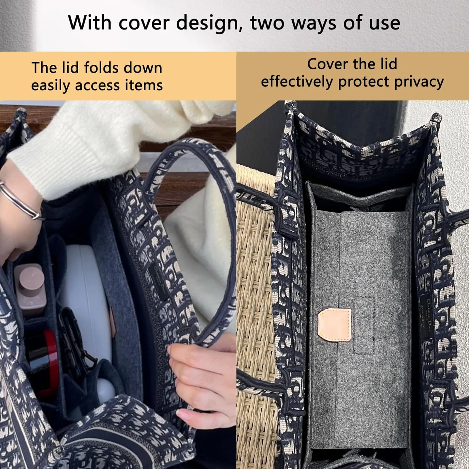 Bag Organizer Insert Compatible with On The Go,Neverfull, Book tote Organizer,Handbag Storage, Felt Insert with Zipper (Grey, With Cover,XL)