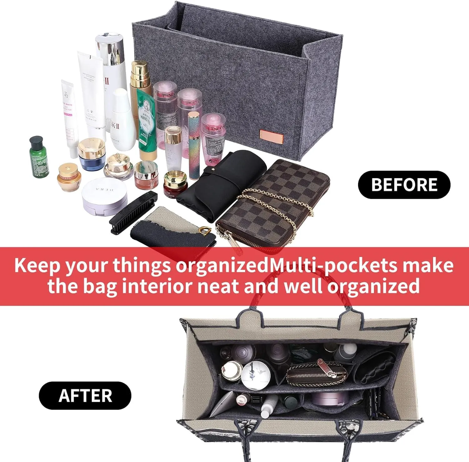 Bag Organizer Insert Compatible with On The Go,Neverfull, Book tote Organizer,Handbag Storage, Felt Insert with Zipper (Grey, With Cover,XL)