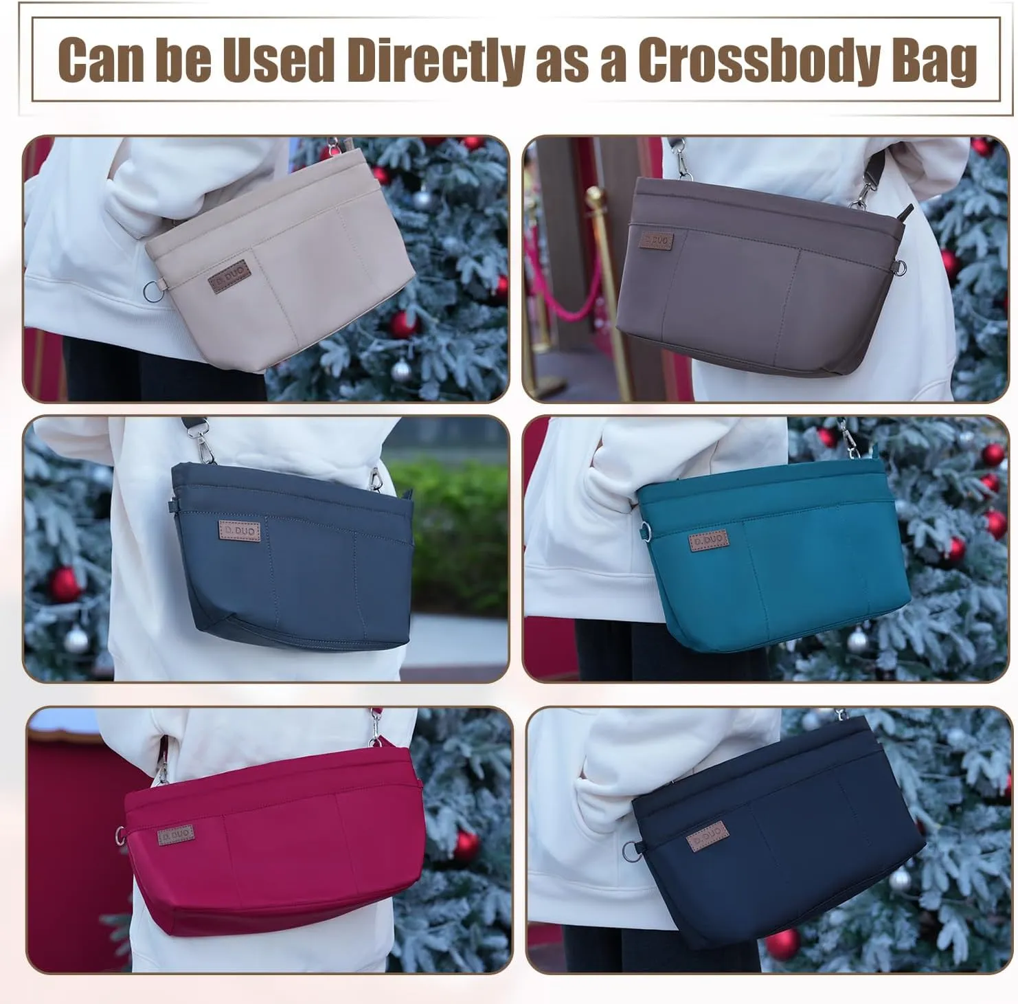 Bag Organizer Insert, Crossbody Bag, Tote Organizer Insert with Adjustable Bag Strap, Waterproof Nylon Purse Inserts (Brown, L)
