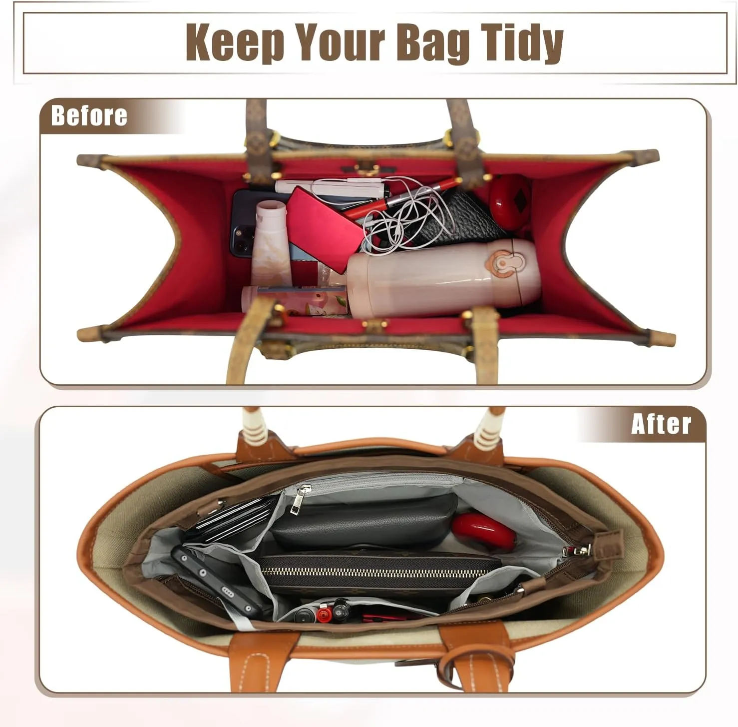 Bag Organizer Insert, Crossbody Bag, Tote Organizer Insert with Adjustable Bag Strap, Waterproof Nylon Purse Inserts (Brown, L)