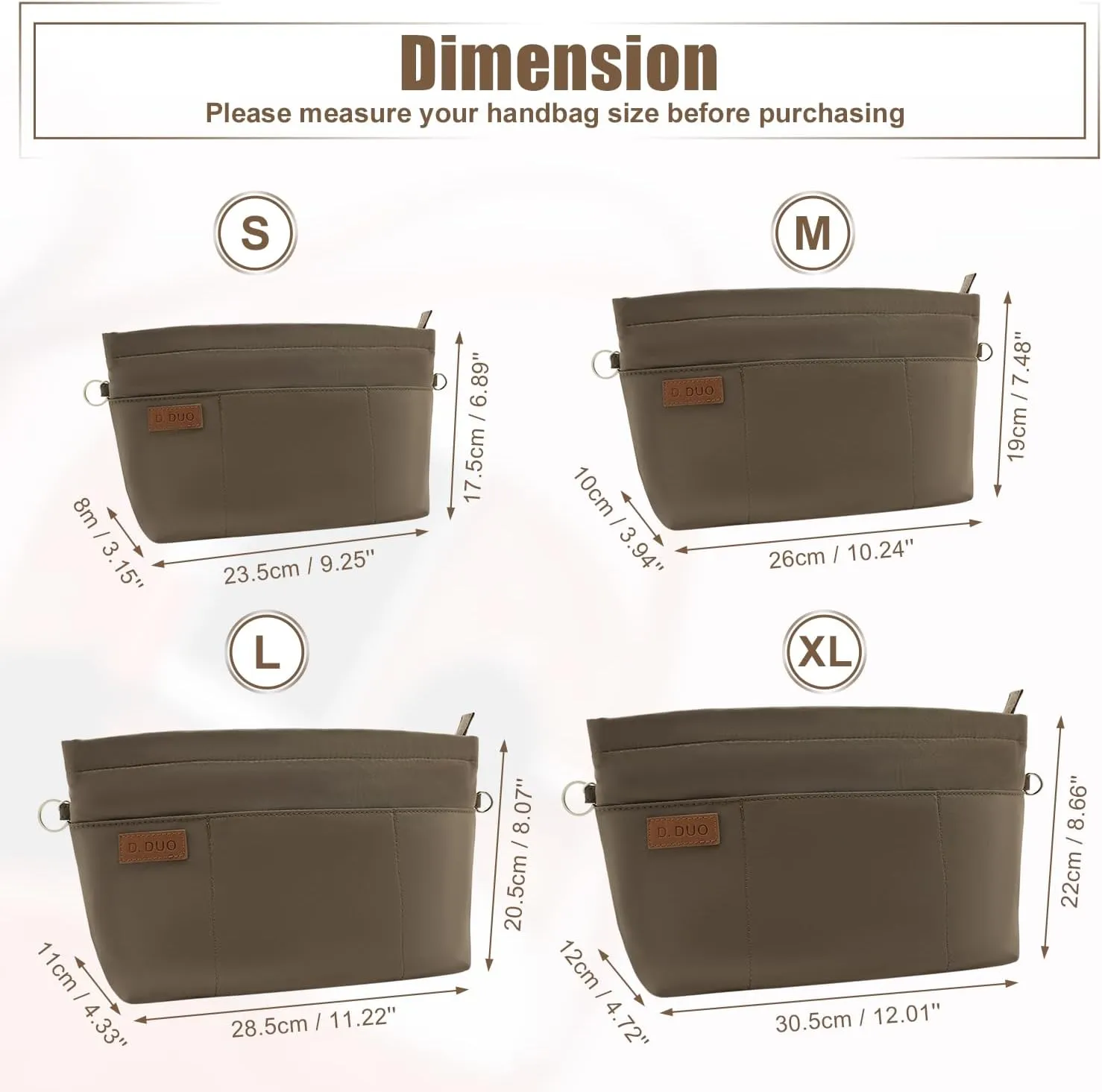 Bag Organizer Insert, Crossbody Bag, Tote Organizer Insert with Adjustable Bag Strap, Waterproof Nylon Purse Inserts (Brown, L)