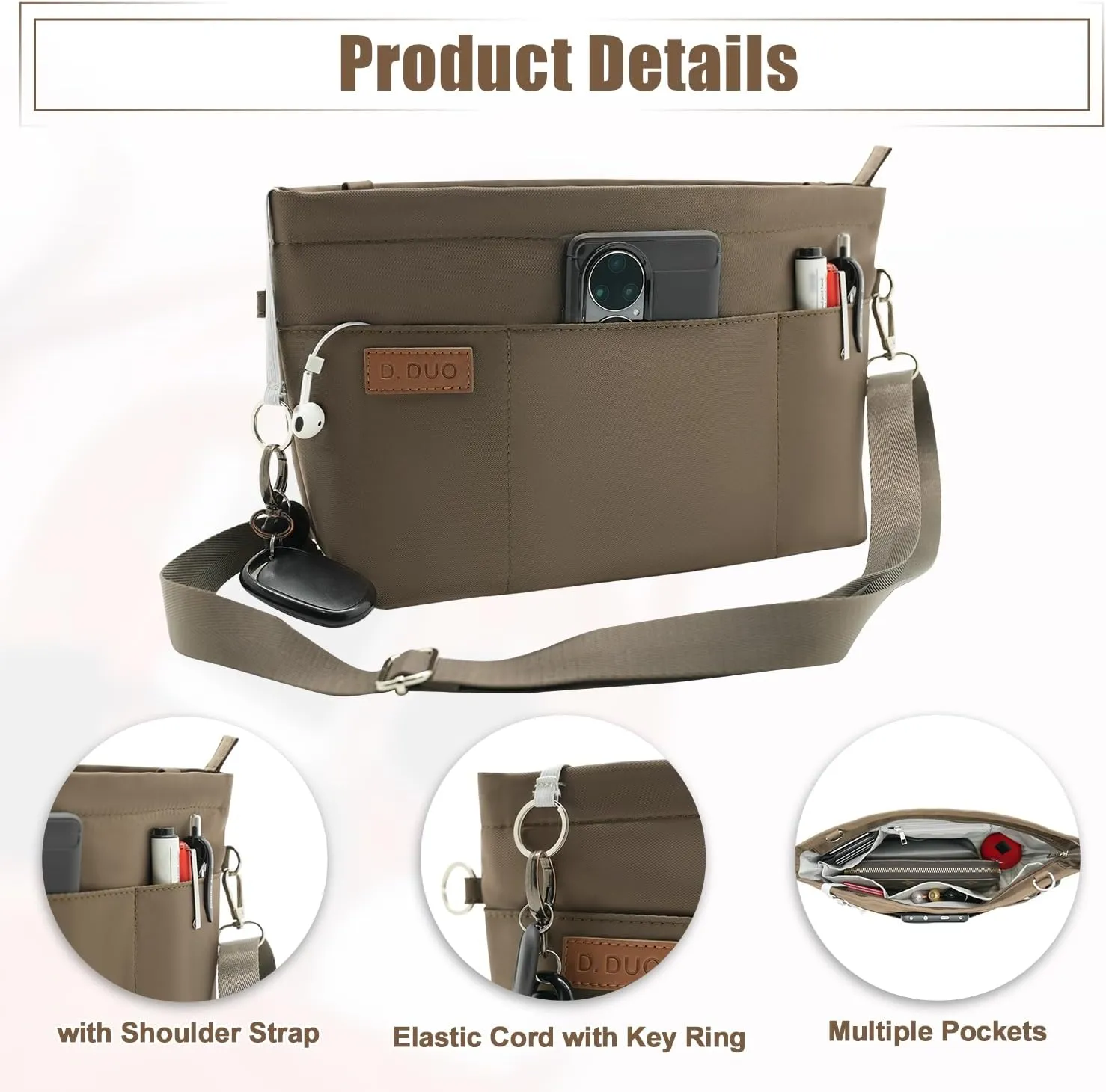 Bag Organizer Insert, Crossbody Bag, Tote Organizer Insert with Adjustable Bag Strap, Waterproof Nylon Purse Inserts (Brown, L)