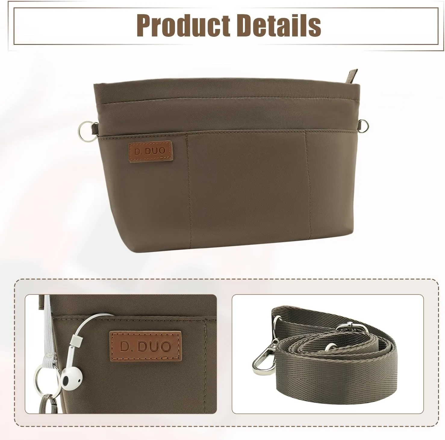 Bag Organizer Insert, Crossbody Bag, Tote Organizer Insert with Adjustable Bag Strap, Waterproof Nylon Purse Inserts (Brown, L)