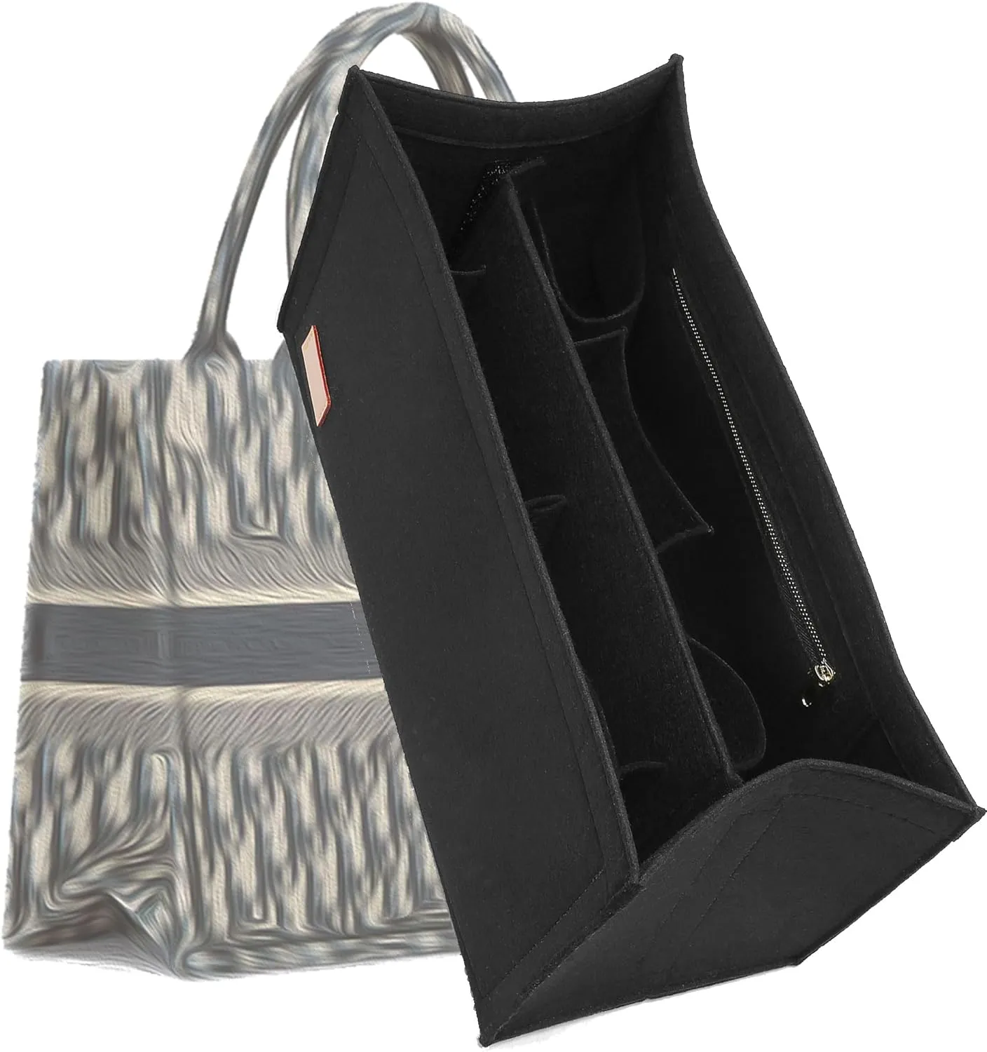 Bag Organizer Insert,Tote Bag Insert For Book Tote Bags Medium Size,Bag Organizer,Handbag Storage, Purse Felt Liner with Zipper (Black，L)