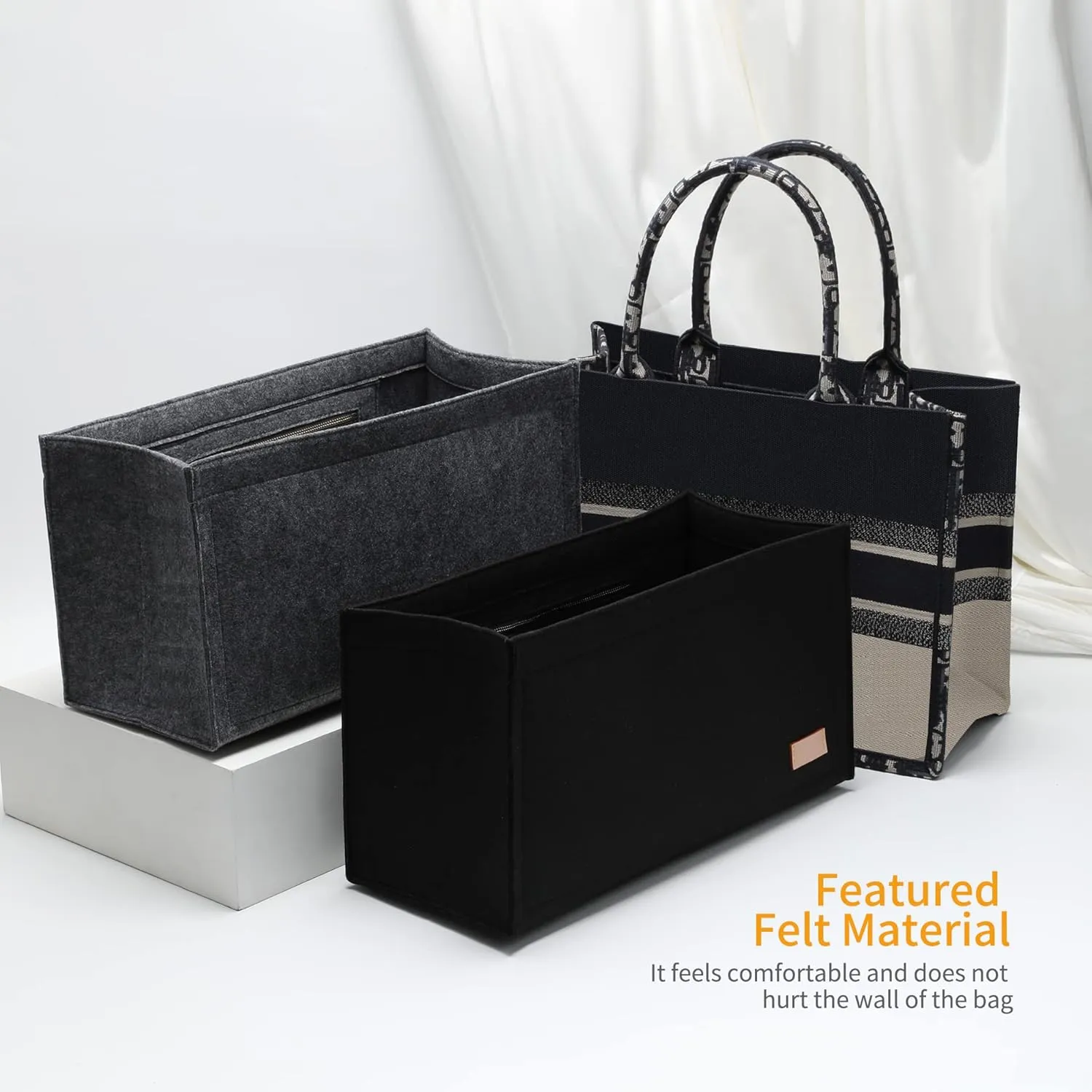 Bag Organizer Insert,Tote Bag Insert For Book Tote Bags Medium Size,Bag Organizer,Handbag Storage, Purse Felt Liner with Zipper (Black，L)