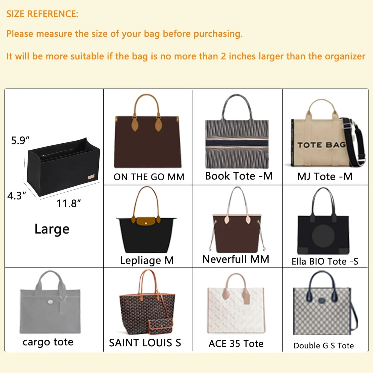 Bag Organizer Insert,Tote Bag Insert For Book Tote Bags Medium Size,Bag Organizer,Handbag Storage, Purse Felt Liner with Zipper (Black，L)