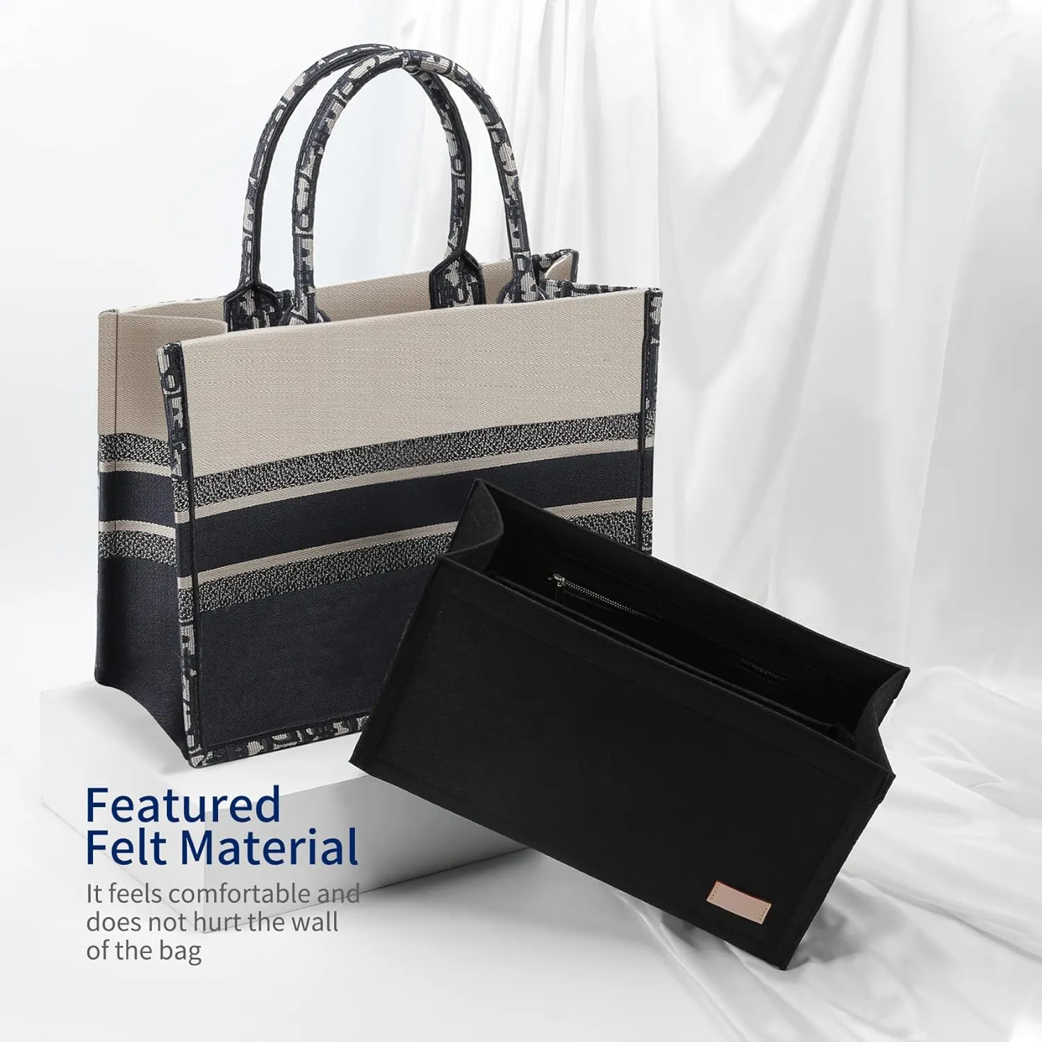 Bag Organizer Insert,Tote Bag Insert For Book Tote Bags Medium Size,Bag Organizer,Handbag Storage, Purse Felt Liner with Zipper (Black，L)