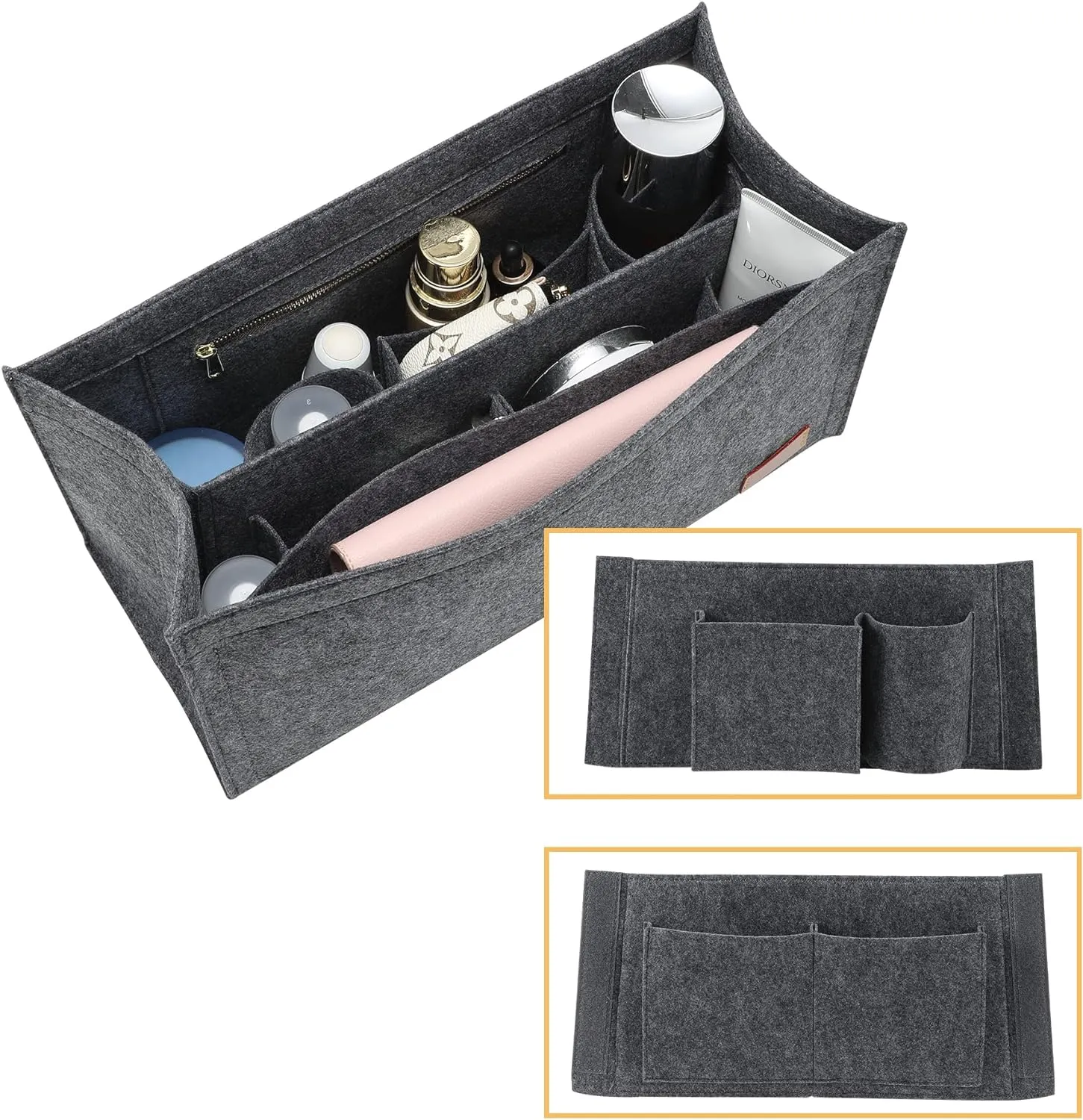 Bag Organizer Insert,Tote Bag Insert For Book Tote Bags Medium Size,Bag Organizer,Handbag Storage, Purse Felt Liner with Zipper (Black，L)