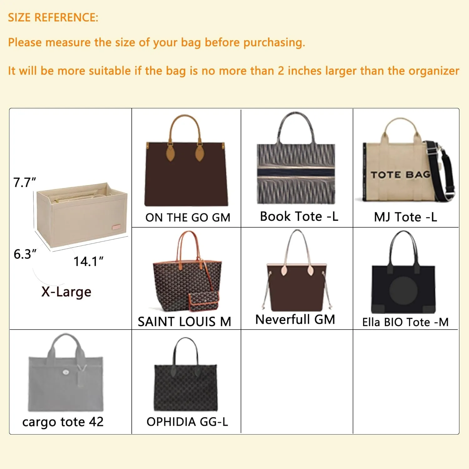 Bag Organizer Insert,Tote Bag Insert For On The Go GM, Handbag Inner Organizer,Handbag Storage,Tote Bags Felt Liner with Zipper (Beige,XL)
