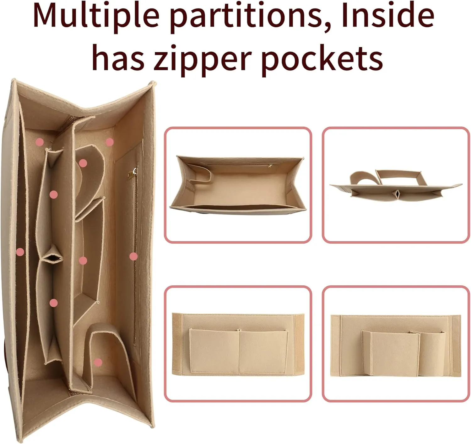Bag Organizer Insert,Tote Bag Insert For On The Go GM, Handbag Inner Organizer,Handbag Storage,Tote Bags Felt Liner with Zipper (Beige,XL)