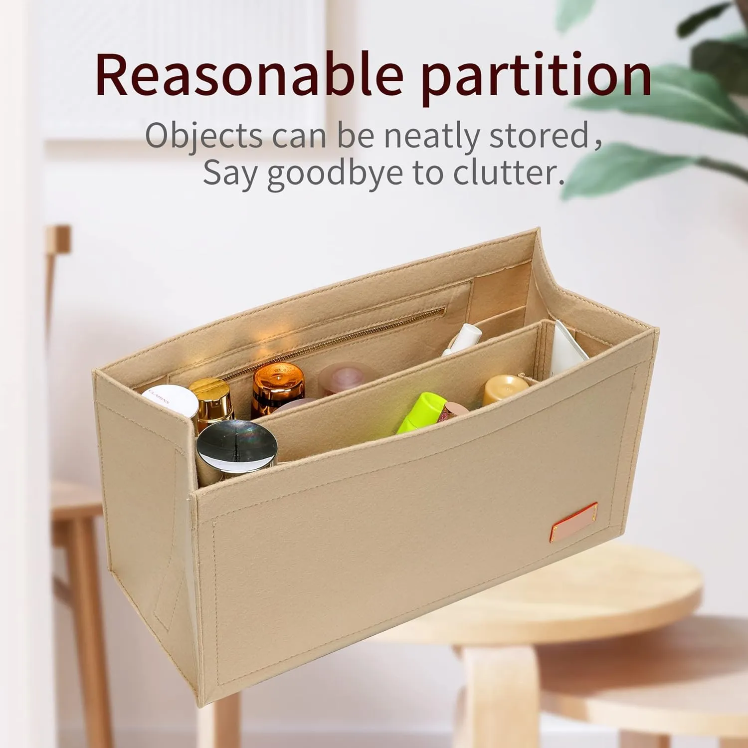 Bag Organizer Insert,Tote Bag Insert For On The Go GM, Handbag Inner Organizer,Handbag Storage,Tote Bags Felt Liner with Zipper (Beige,XL)