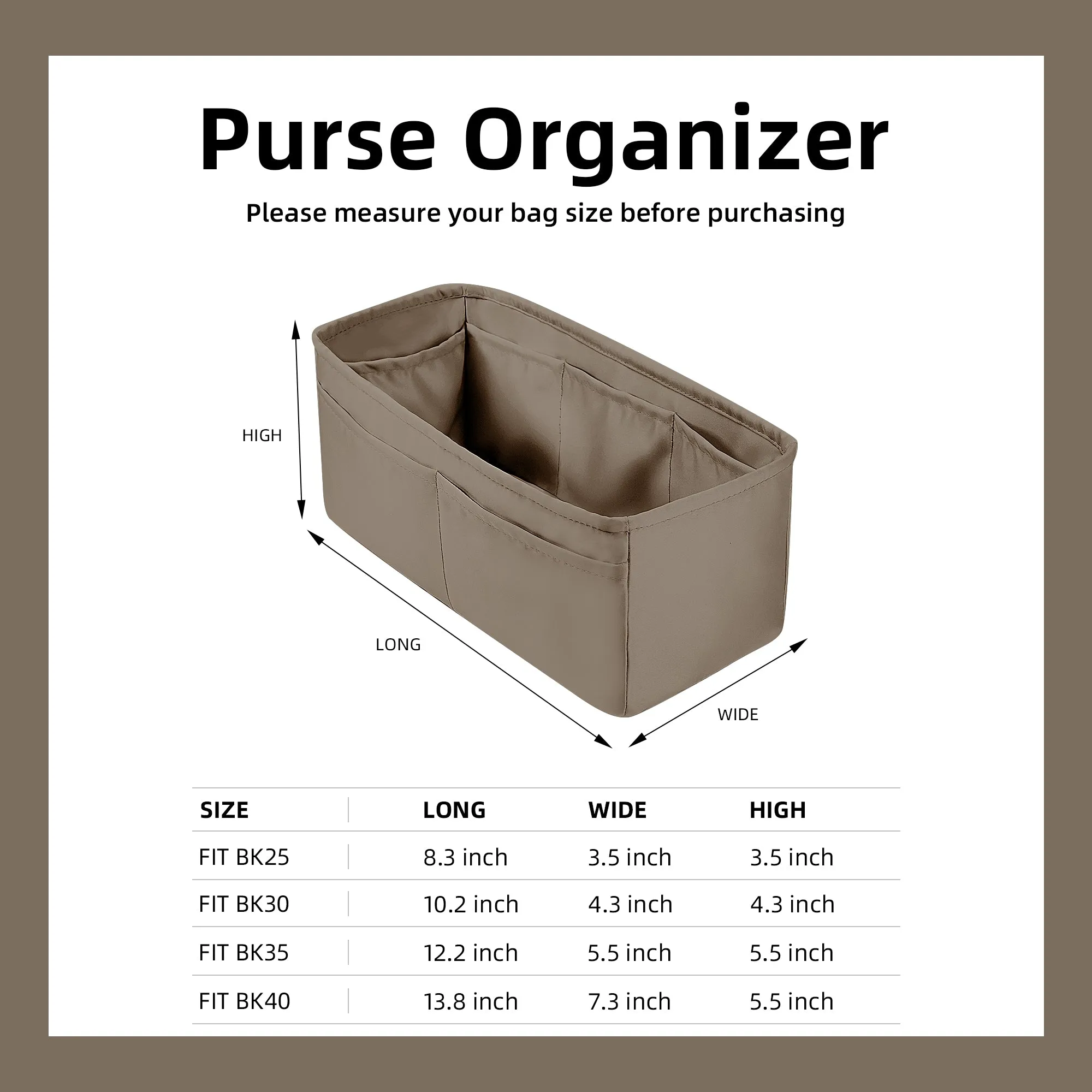 Baginbag | Purse Organizer Silky Smooth | Silk  | Lux Handbag Tote in Bag Shapers | Fits Birkin Hermes 25/30/35/40 Bags | tote bag organizer | organizer bag