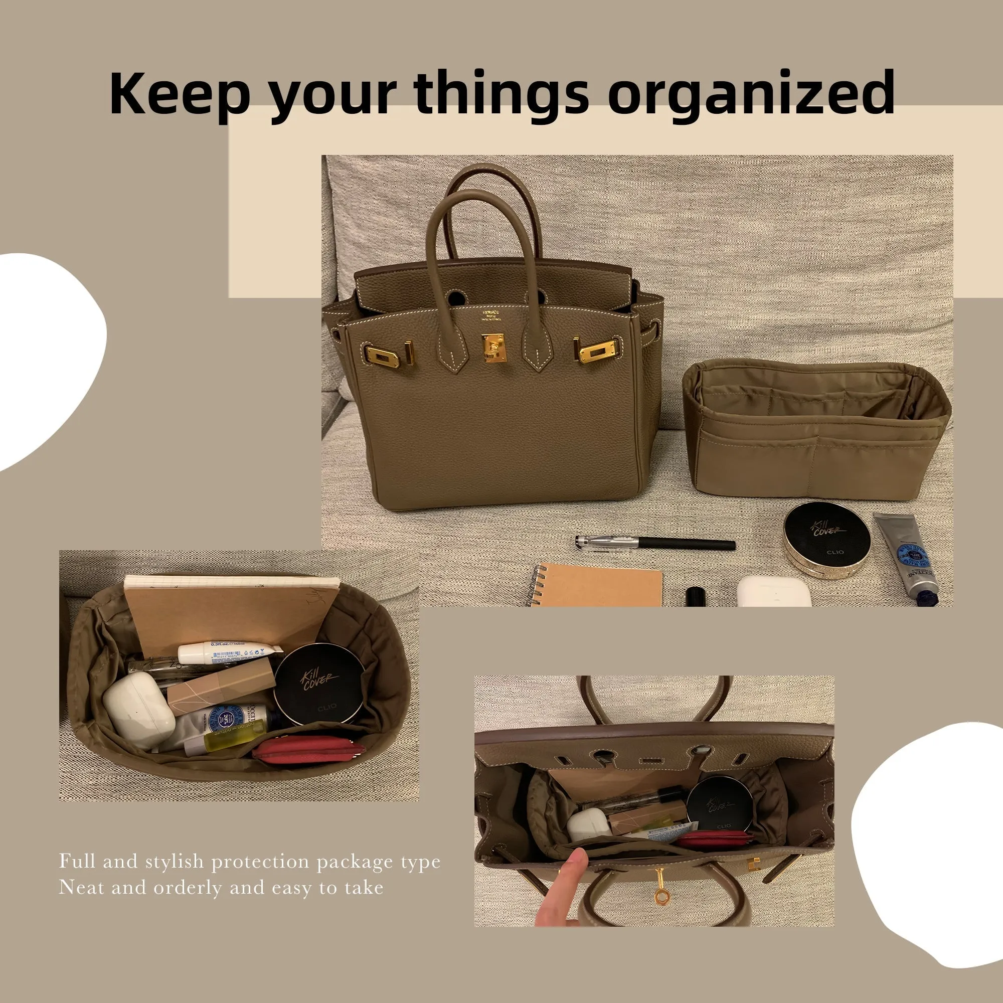 Baginbag | Purse Organizer Silky Smooth | Silk  | Lux Handbag Tote in Bag Shapers | Fits Birkin Hermes 25/30/35/40 Bags | tote bag organizer | organizer bag