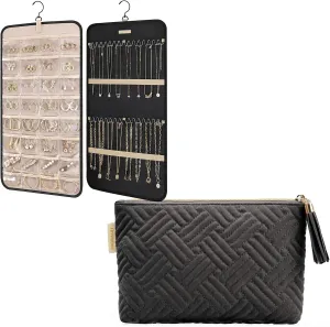 BAGSMART Hanging Jewelry Organizer with Small Cosmetic Bag Storage Roll with Hanger with Elegant Roomy Makeup Bags,Great Gifts for Women Double-Sided Jewelry Holder for Earrings