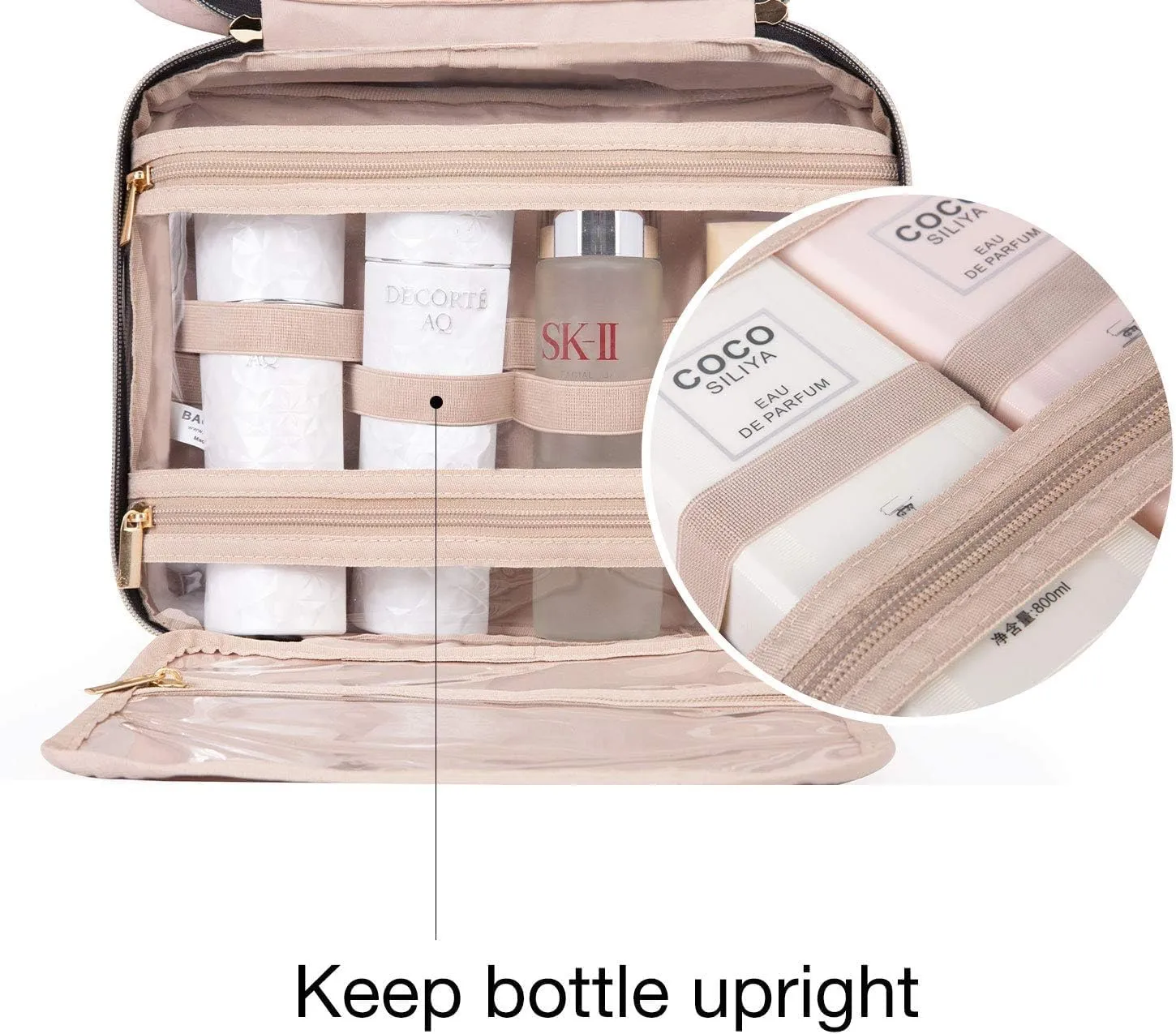 BAGSMART Toiletry Bag Travel Bag with Hanging Hook, Water-resistant Makeup Cosmetic Bag Travel Organizer for Accessories, Shampoo, Full-size Container, Toiletries (Camel, Medium)