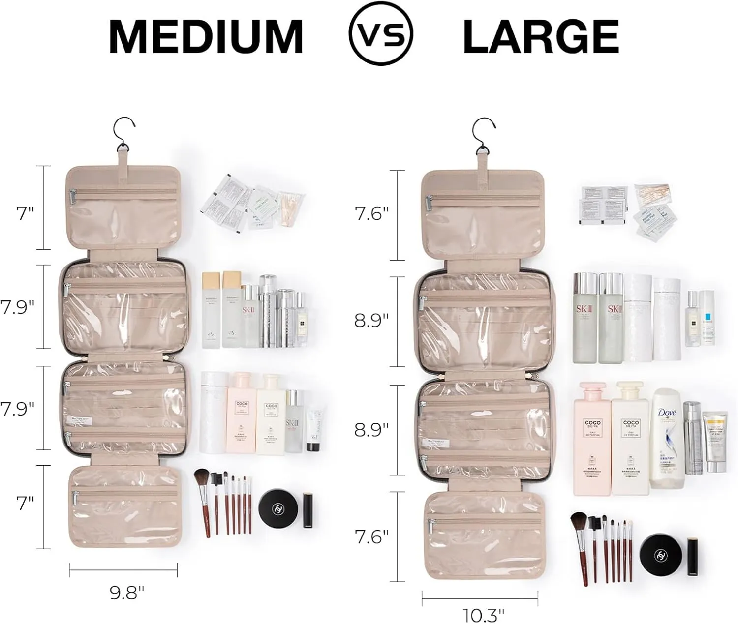 BAGSMART Toiletry Bag Travel Bag with Hanging Hook, Water-resistant Makeup Cosmetic Bag Travel Organizer for Accessories, Shampoo, Full Sized Container, Toiletries (Beige, Large)