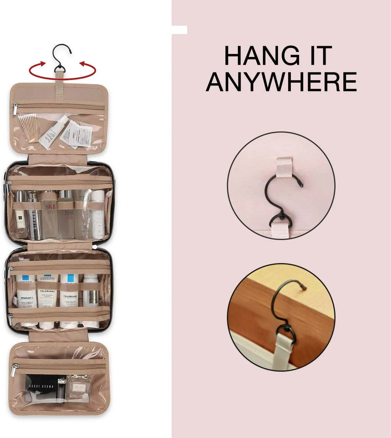 BAGSMART Toiletry Bag Travel Bag with Hanging Hook, Water-resistant Makeup Cosmetic Bag Travel Organizer for Accessories, Shampoo, Full Sized Container, Toiletries, Large