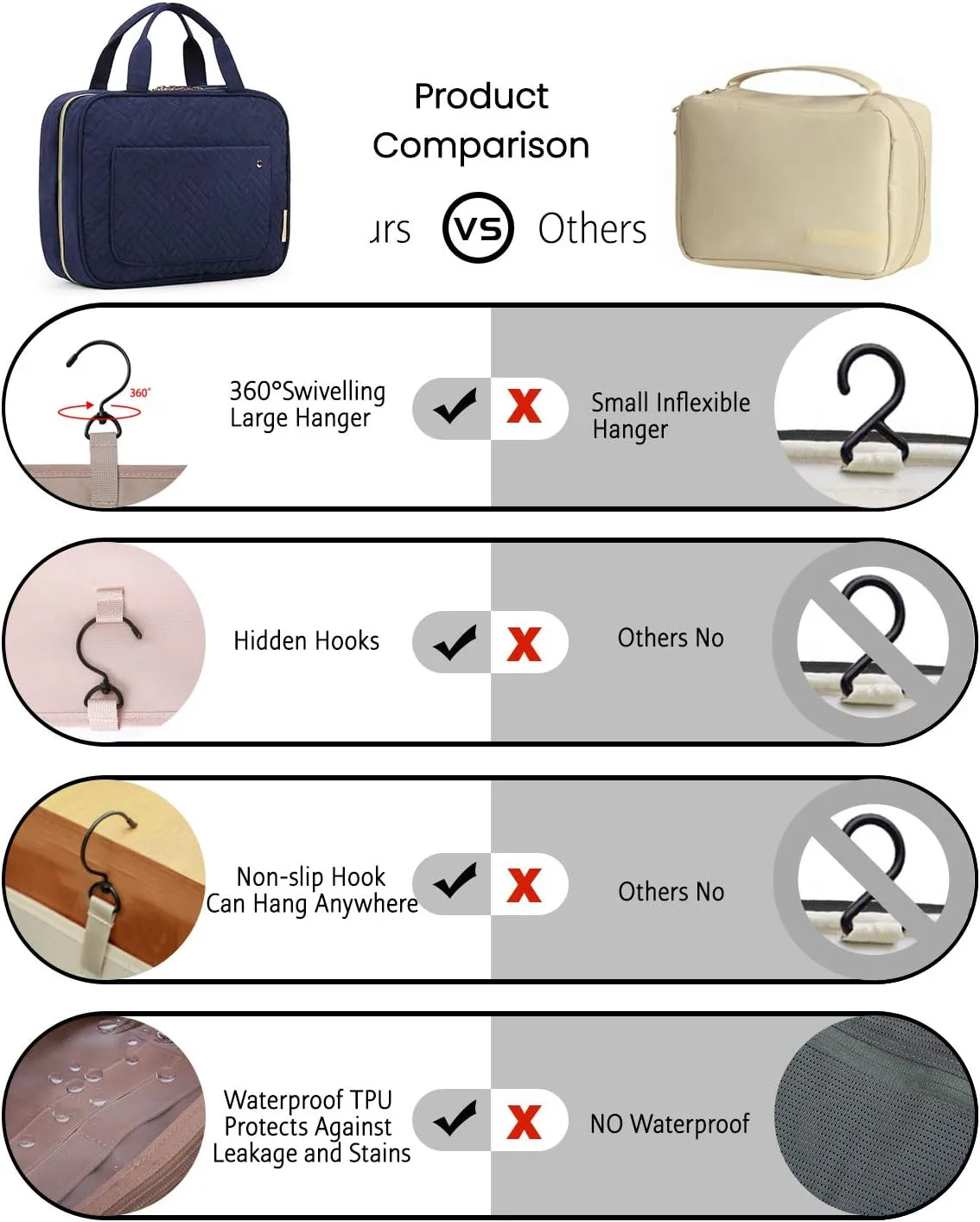 BAGSMART Toiletry Bag Travel Bag with hanging hook, Water-resistant Makeup Cosmetic Bag Travel Organizer for Accessories, Shampoo, Full Sized Container, Toiletries, Smokey Blue