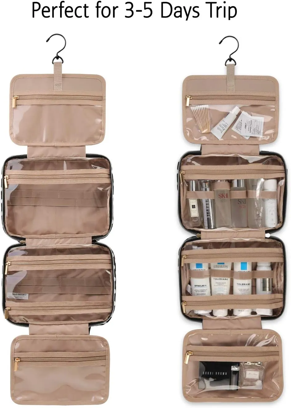 BAGSMART Toiletry Bag Travel Bag with Hanging Hook, Water-resistant Makeup Cosmetic Bag Travel Organizer for Accessories, Shampoo, Full Sized Container, Toiletries