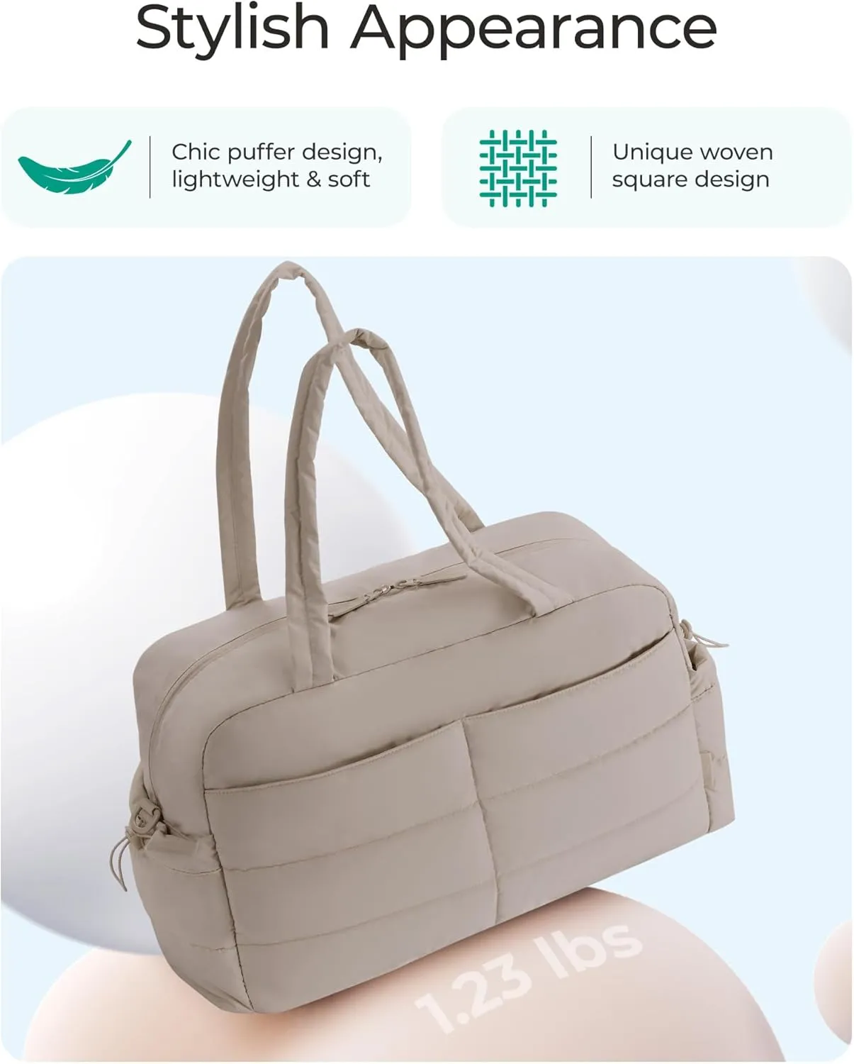 BAGSMART Travel Duffle Bag Gym Bag for Women, 31L Puffer Tote Bag Quilted Laptop Carry on, Weekender Overnight Bag Organizer Duffel Bag for Travel, Khaki