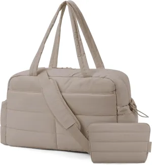 BAGSMART Travel Duffle Bag Gym Bag for Women, 31L Puffer Tote Bag Quilted Laptop Carry on, Weekender Overnight Bag Organizer Duffel Bag for Travel, Khaki