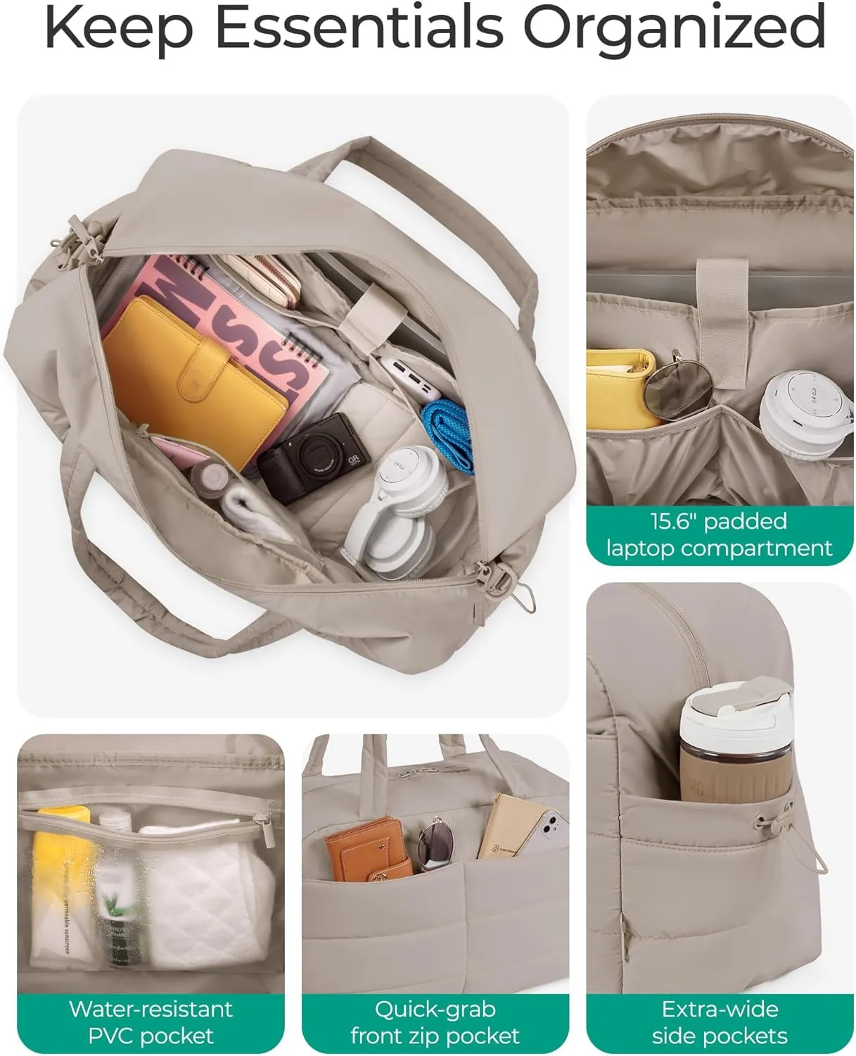 BAGSMART Travel Duffle Bag Gym Bag for Women, 31L Puffer Tote Bag Quilted Laptop Carry on, Weekender Overnight Bag Organizer Duffel Bag for Travel, Khaki
