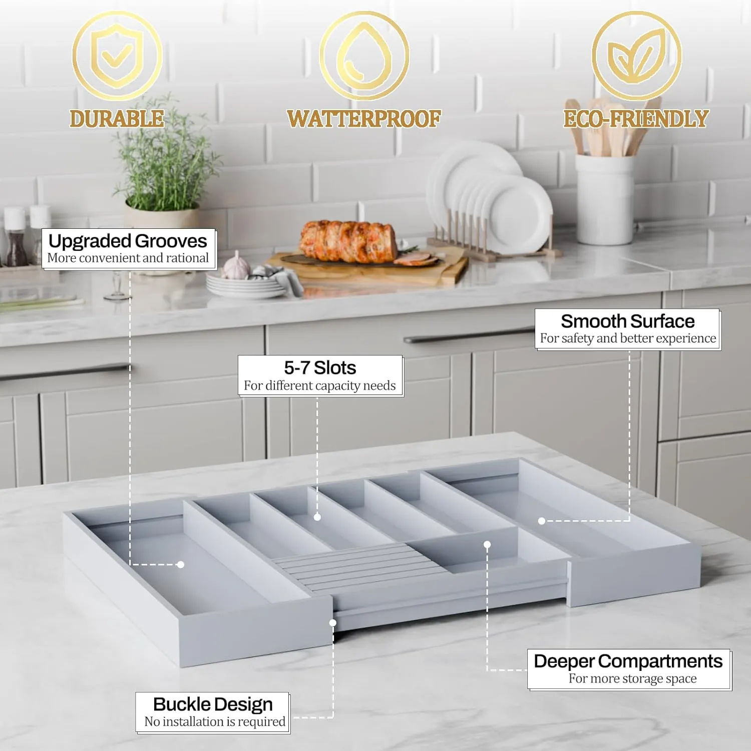 Bamboo Kitchen Silverware Drawer Organizer - Expandable Wood Utensil Holder with Dividers, Luxury Cutlery Storage Tray for Kitchen Utensil and Flatware (5-7 Slots with Removable Knife Block, Grey)