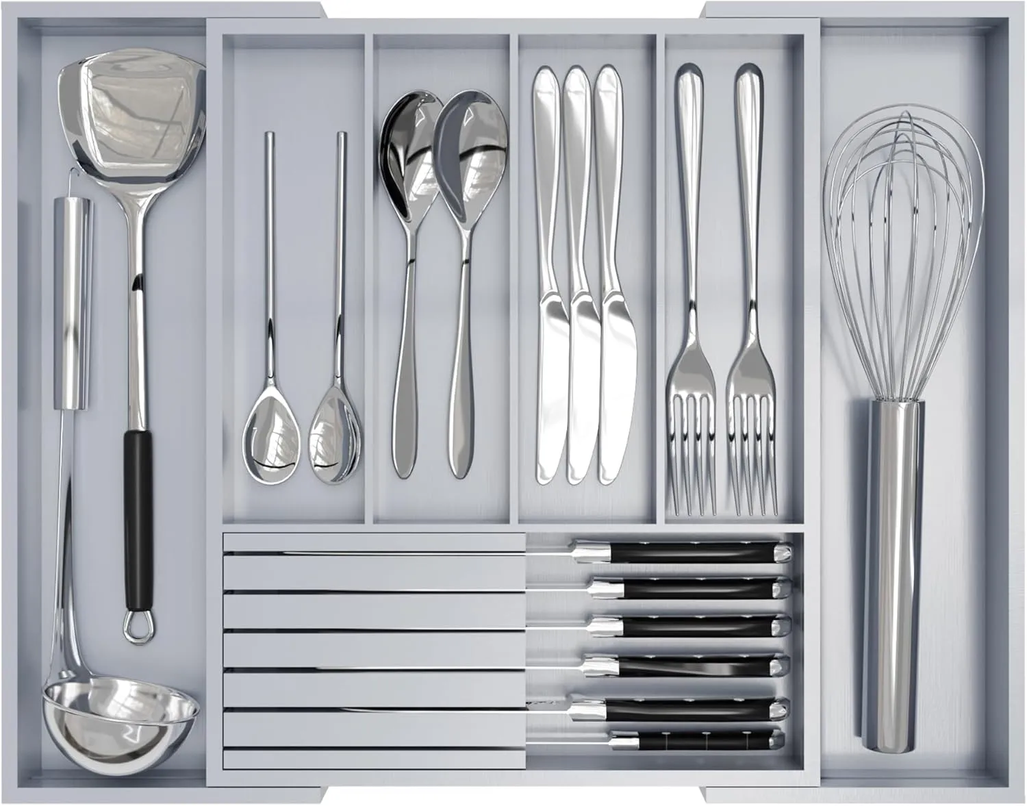 Bamboo Kitchen Silverware Drawer Organizer - Expandable Wood Utensil Holder with Dividers, Luxury Cutlery Storage Tray for Kitchen Utensil and Flatware (5-7 Slots with Removable Knife Block, Grey)