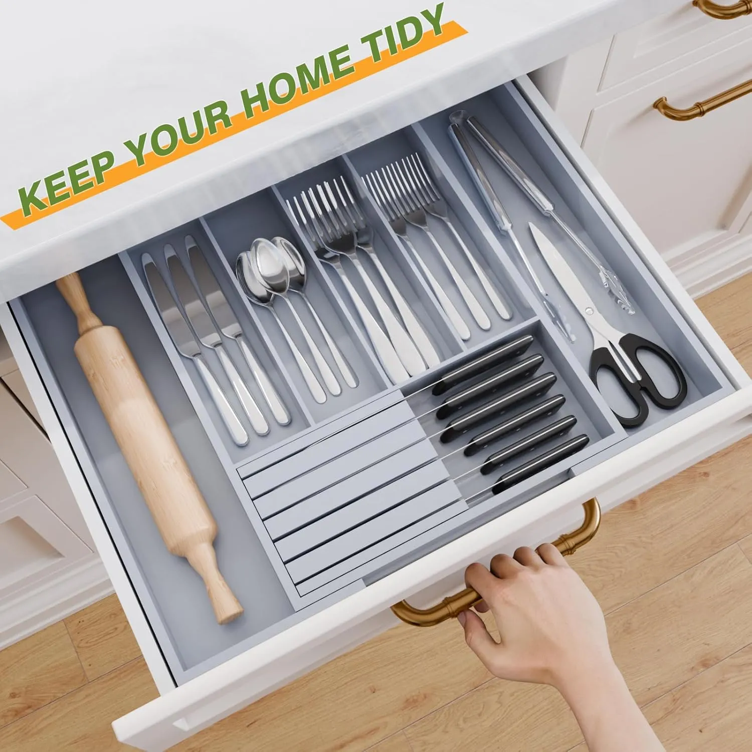 Bamboo Kitchen Silverware Drawer Organizer - Expandable Wood Utensil Holder with Dividers, Luxury Cutlery Storage Tray for Kitchen Utensil and Flatware (5-7 Slots with Removable Knife Block, Grey)