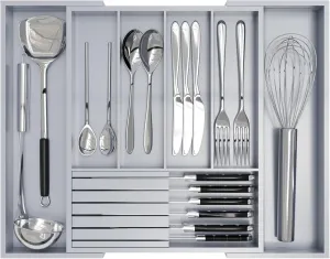 Bamboo Kitchen Silverware Drawer Organizer - Expandable Wood Utensil Holder with Dividers, Luxury Cutlery Storage Tray for Kitchen Utensil and Flatware (5-7 Slots with Removable Knife Block, Grey)