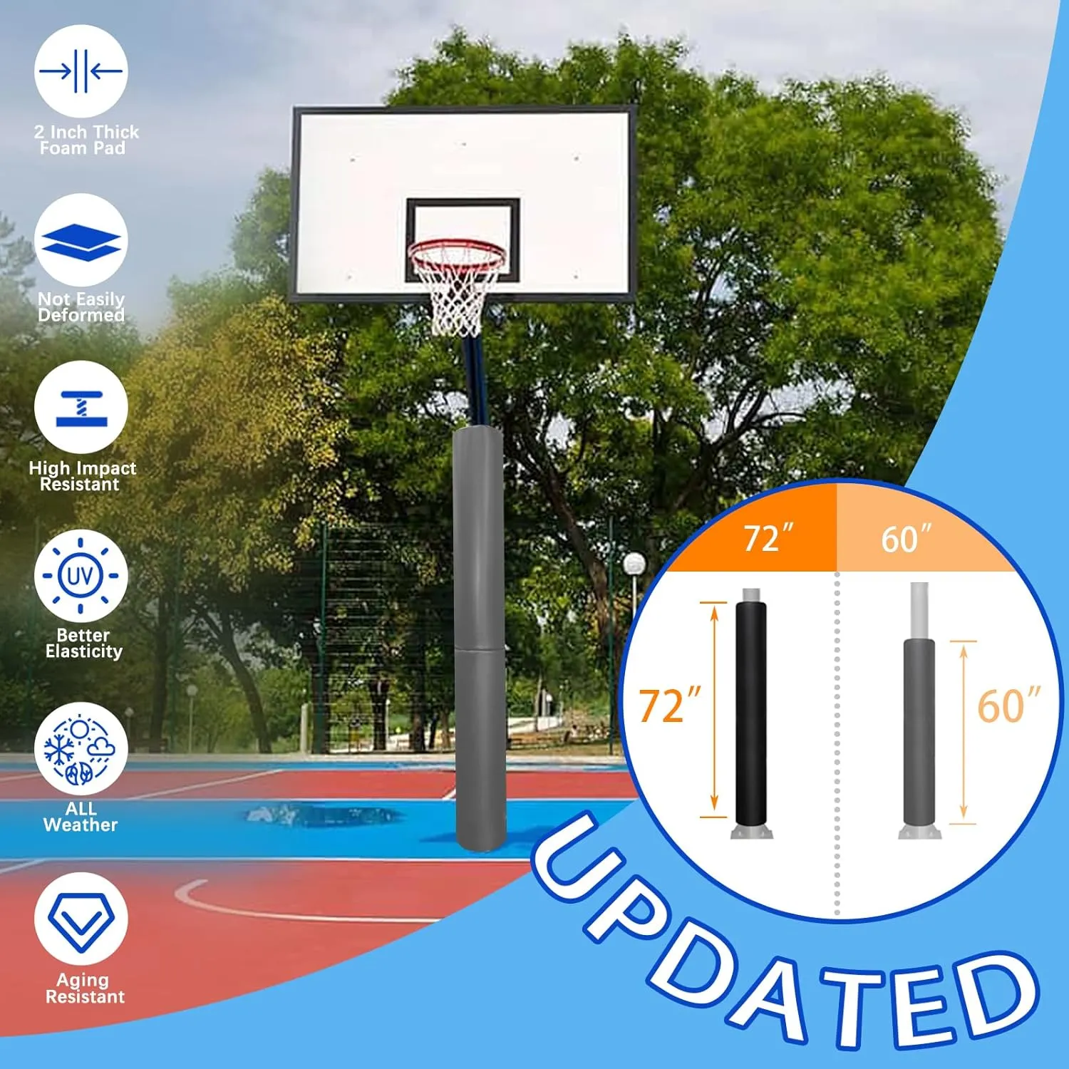 Basketball Pole Padding 72" Heavy Duty Safety Pad for 3-5" Round Poles, Waterproof & Durable – Gym, Garage, Playground Protection