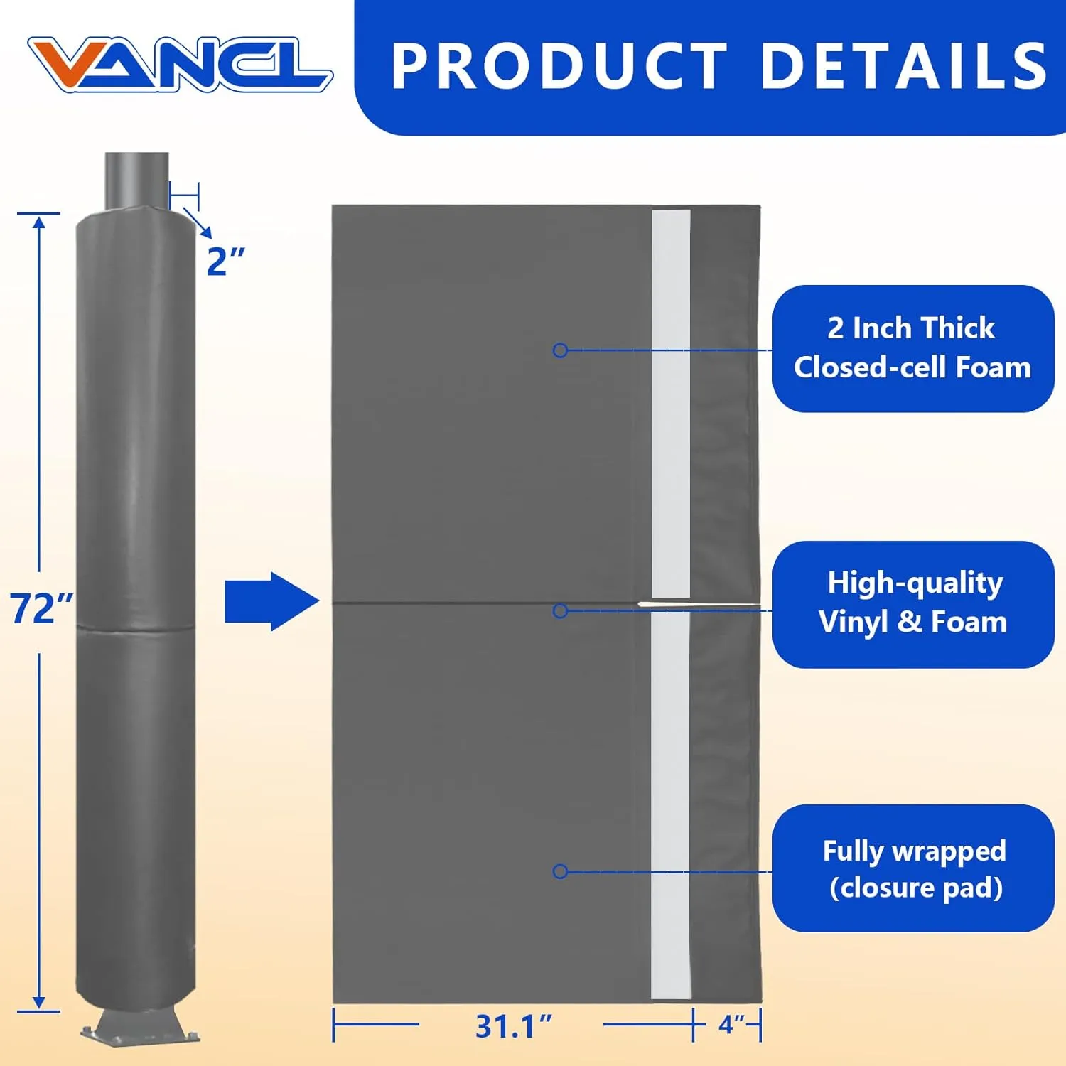 Basketball Pole Padding 72" Heavy Duty Safety Pad for 3-5" Round Poles, Waterproof & Durable – Gym, Garage, Playground Protection