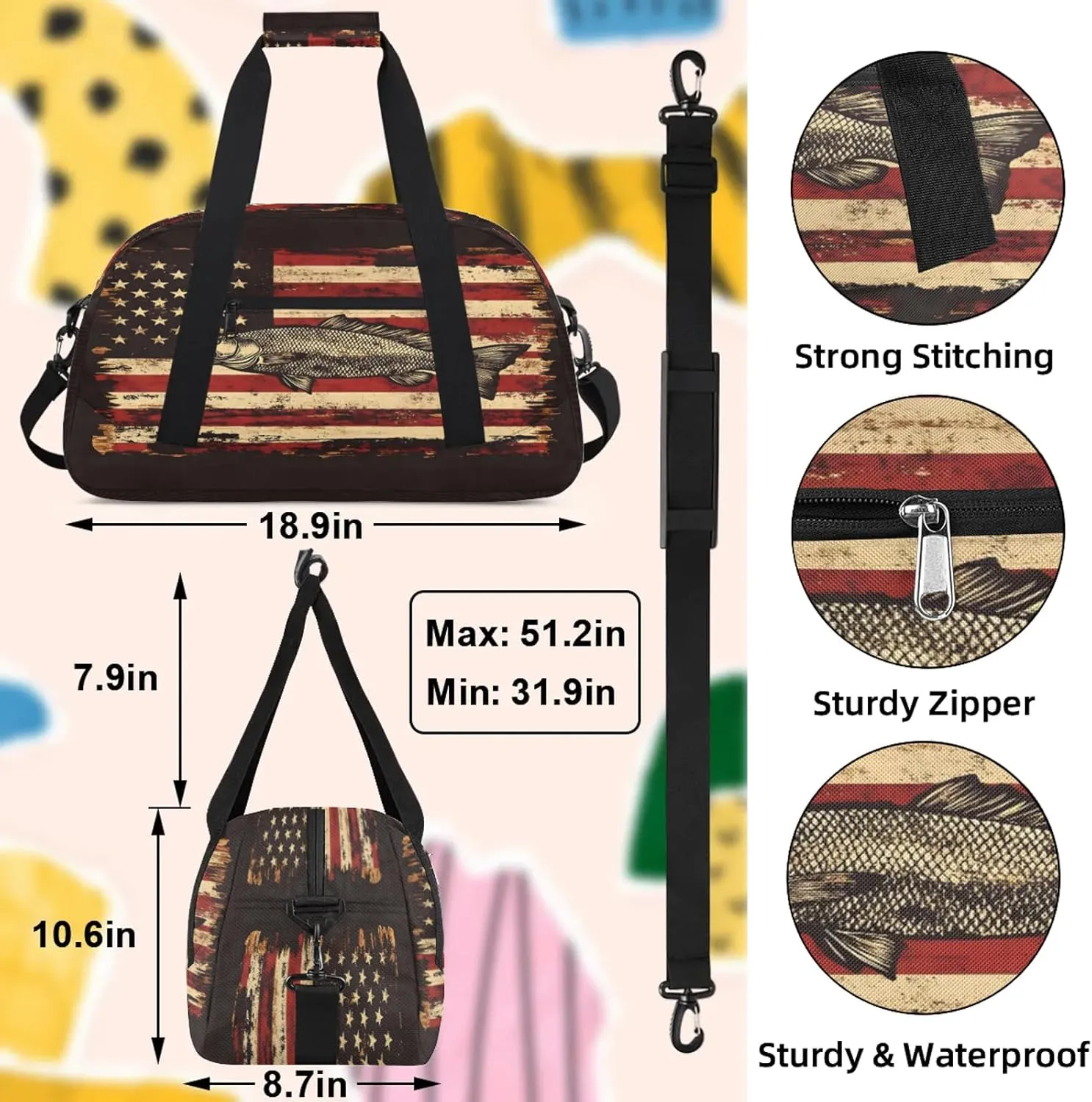 Bass Fish Fishing Small Gym Bag 18 inch Carry On Duffel Bag for Weekender Travel Sports Workout Yoga Gymnastics Dance Ballet