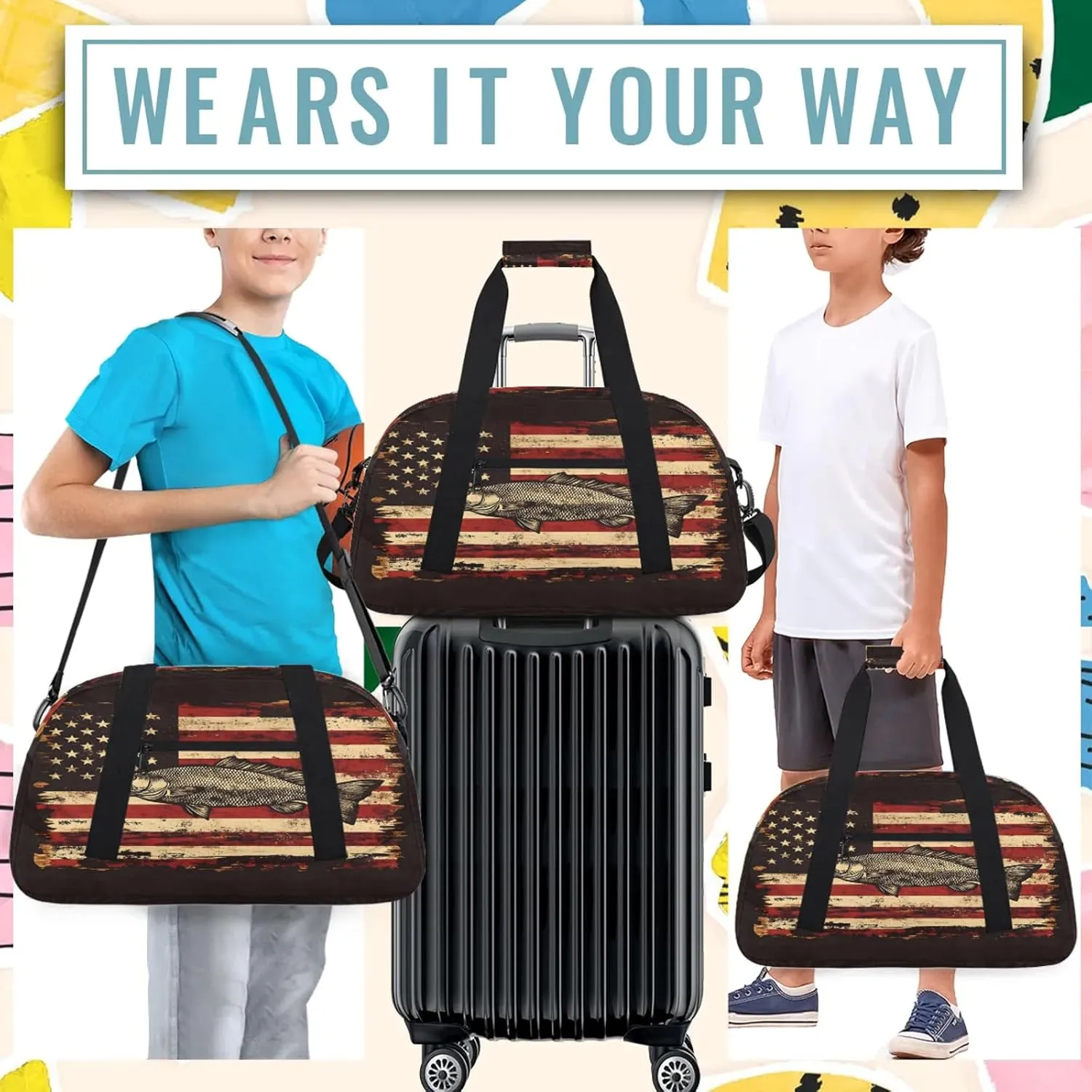 Bass Fish Fishing Small Gym Bag 18 inch Carry On Duffel Bag for Weekender Travel Sports Workout Yoga Gymnastics Dance Ballet