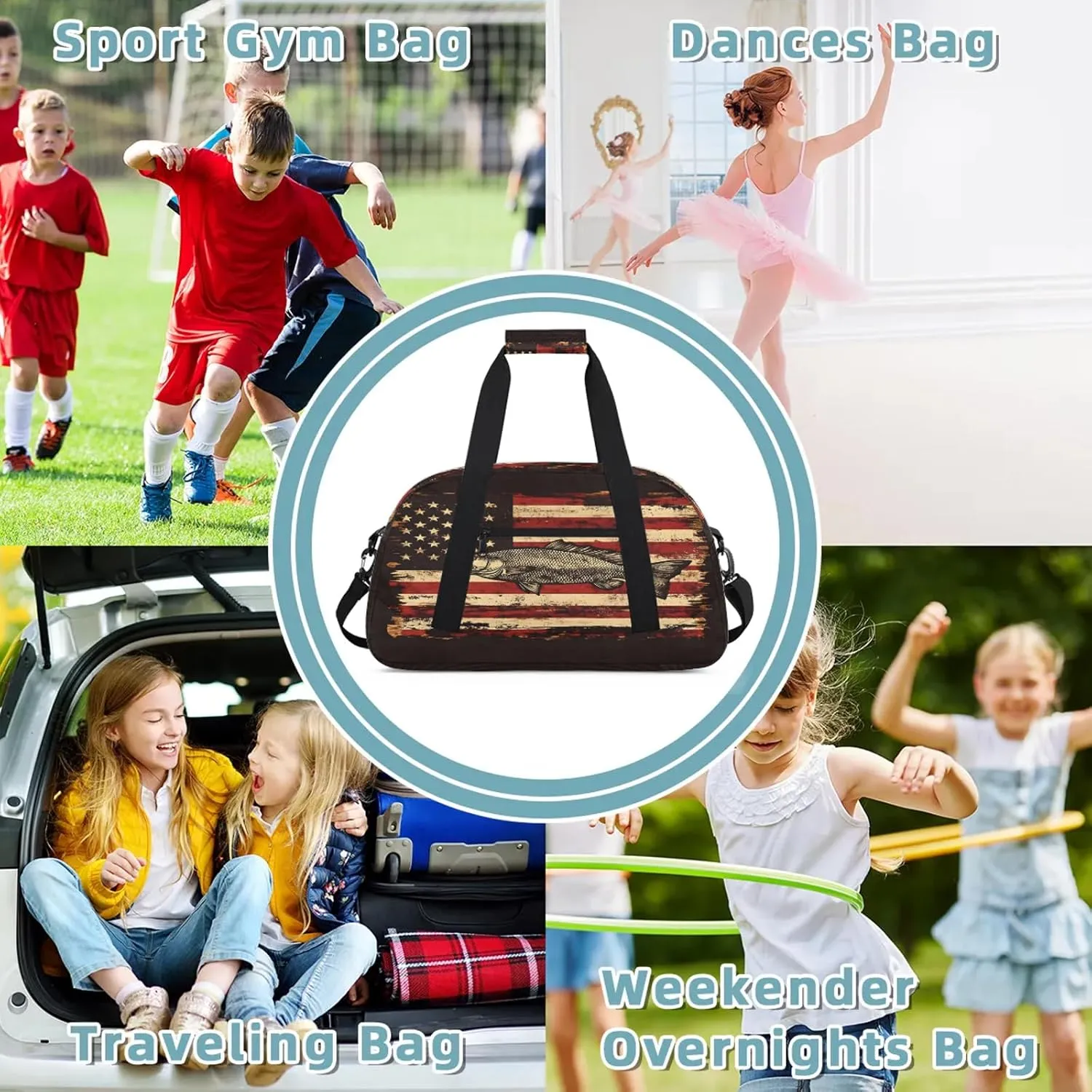 Bass Fish Fishing Small Gym Bag 18 inch Carry On Duffel Bag for Weekender Travel Sports Workout Yoga Gymnastics Dance Ballet