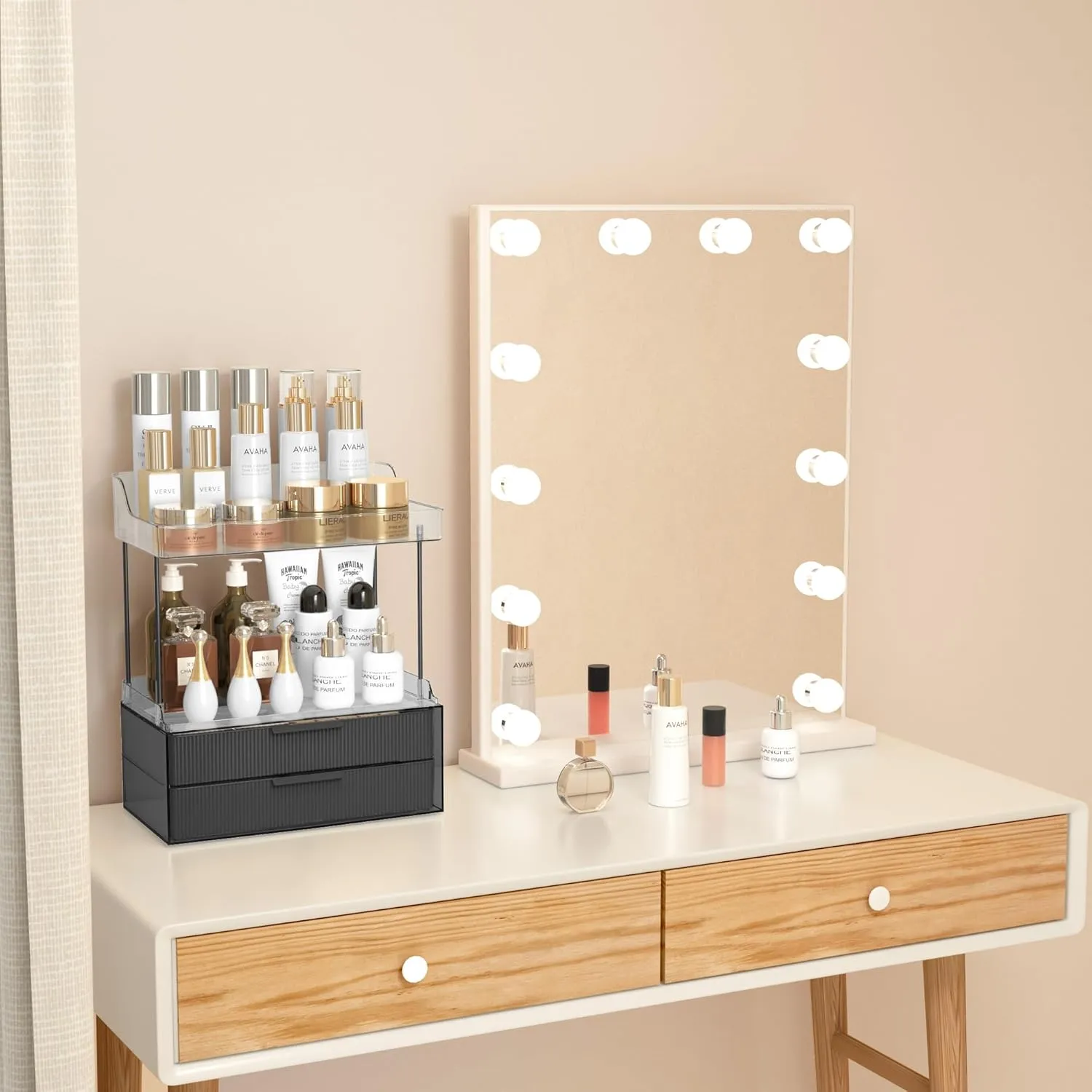 Bathroom Countertop Organizer with 2-Drawer, Large 3 Tier Makeup Organizer for Vanity, Multi-Purpose Makeup Skin Care Organizer for Vanity, Black