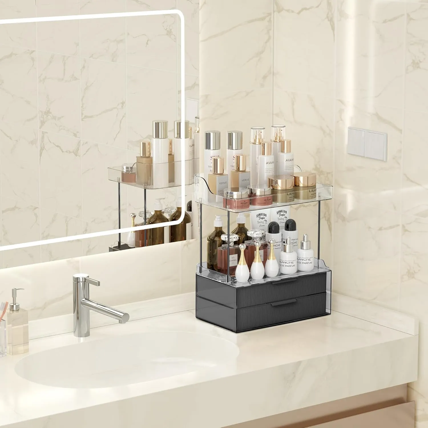 Bathroom Countertop Organizer with 2-Drawer, Large 3 Tier Makeup Organizer for Vanity, Multi-Purpose Makeup Skin Care Organizer for Vanity, Black