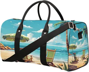 Beach Theme Design Travel Duffel Bag for Women Men Waterproof Foldable Overnight Weekender Bag Large Capacity Sports Gym Bag