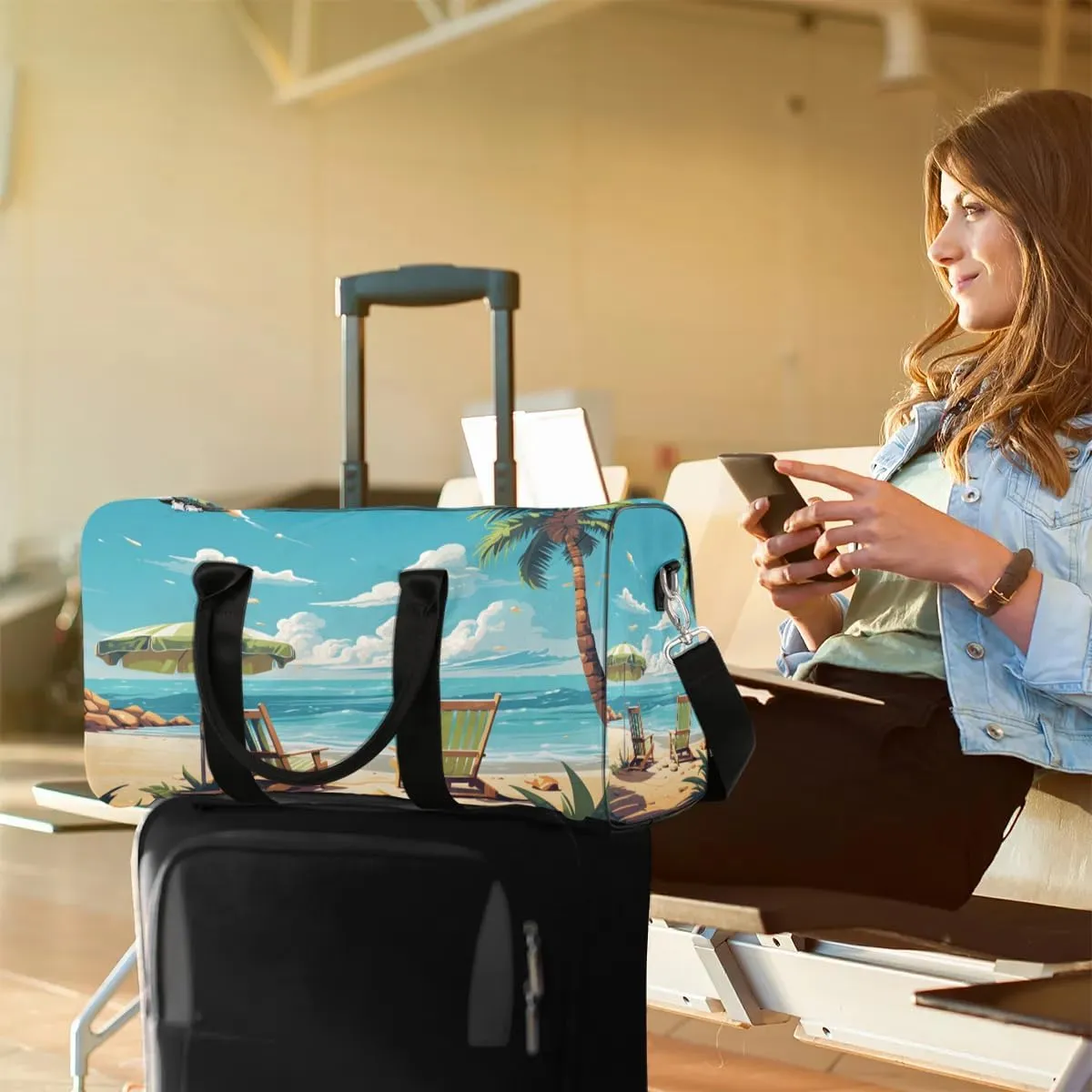 Beach Theme Design Travel Duffel Bag for Women Men Waterproof Foldable Overnight Weekender Bag Large Capacity Sports Gym Bag