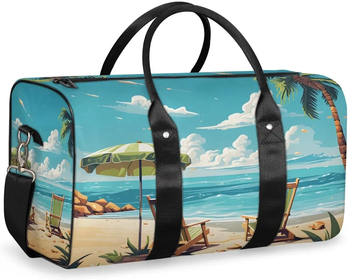 Beach Theme Design Travel Duffel Bag for Women Men Waterproof Foldable Overnight Weekender Bag Large Capacity Sports Gym Bag