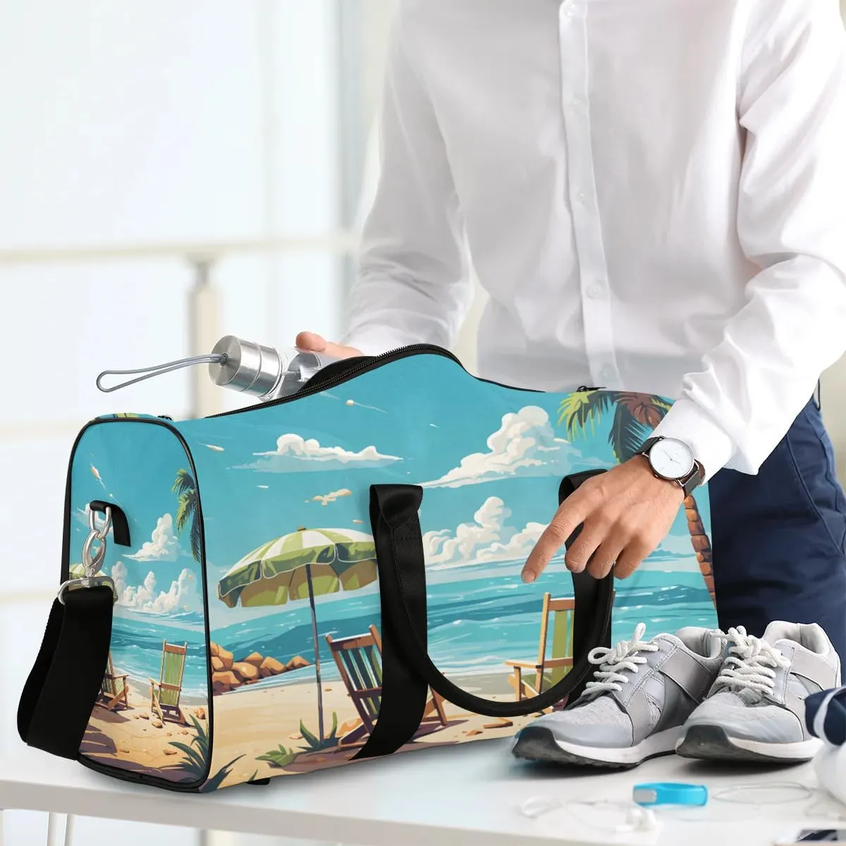 Beach Theme Design Travel Duffel Bag for Women Men Waterproof Foldable Overnight Weekender Bag Large Capacity Sports Gym Bag