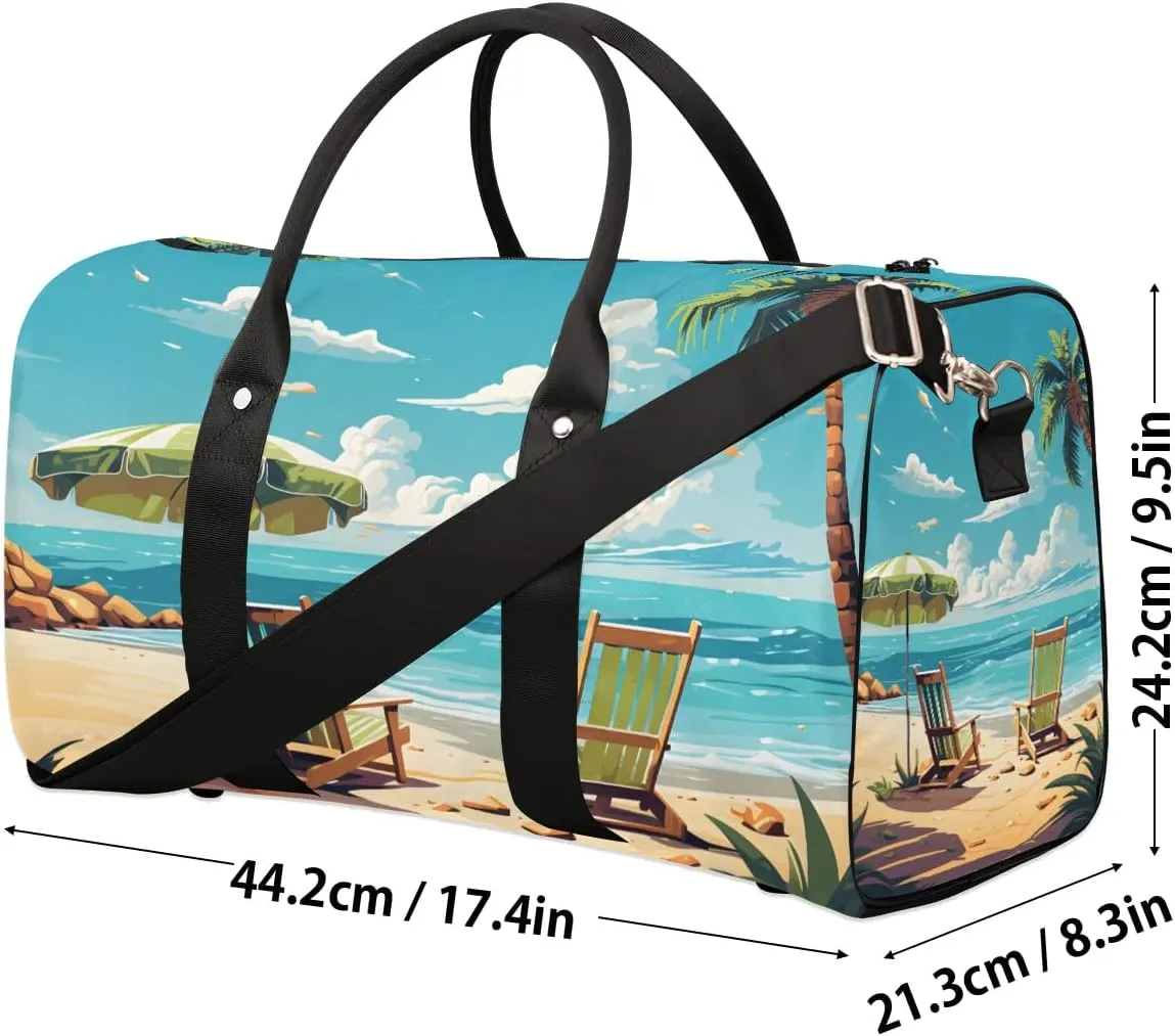Beach Theme Design Travel Duffel Bag for Women Men Waterproof Foldable Overnight Weekender Bag Large Capacity Sports Gym Bag