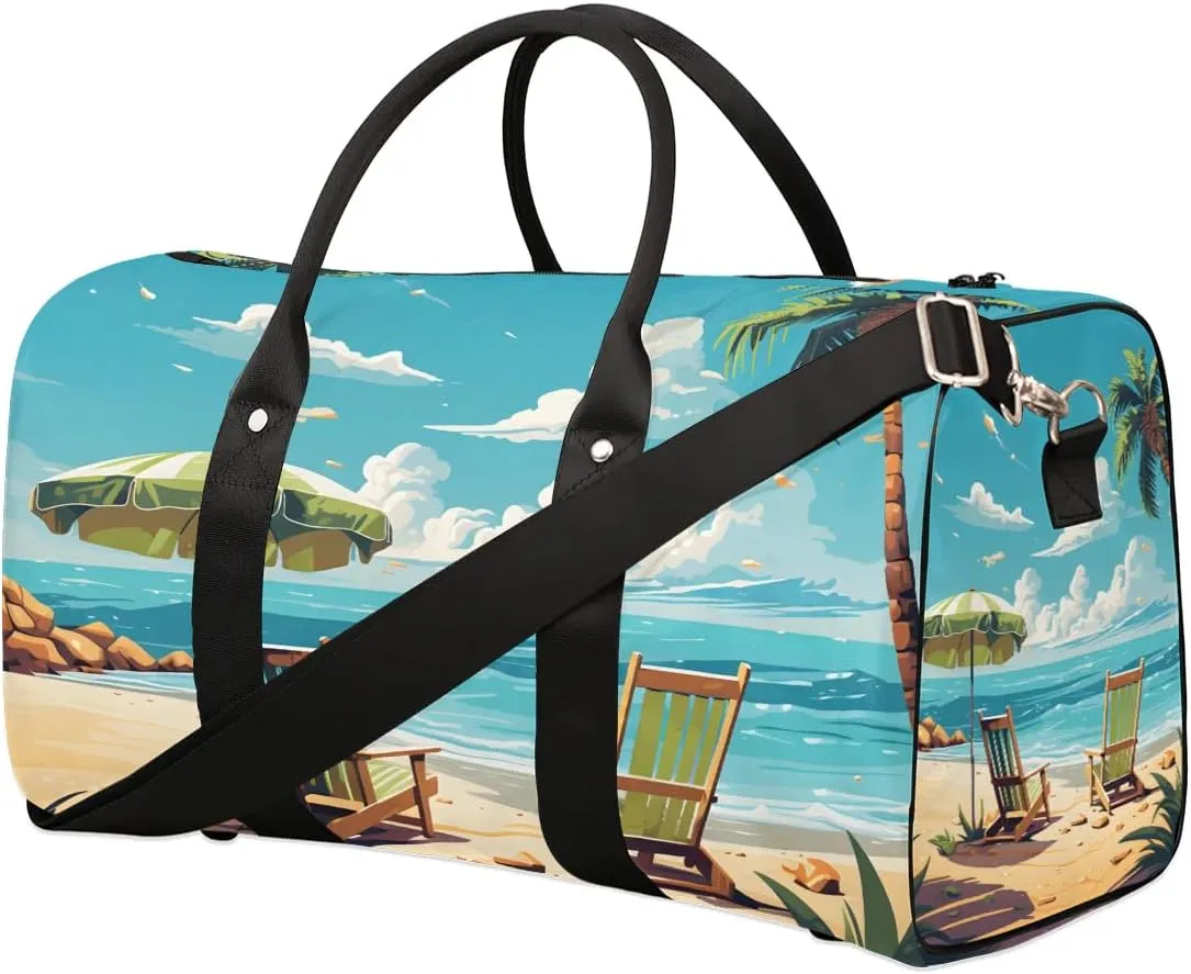 Beach Theme Design Travel Duffel Bag for Women Men Waterproof Foldable Overnight Weekender Bag Large Capacity Sports Gym Bag