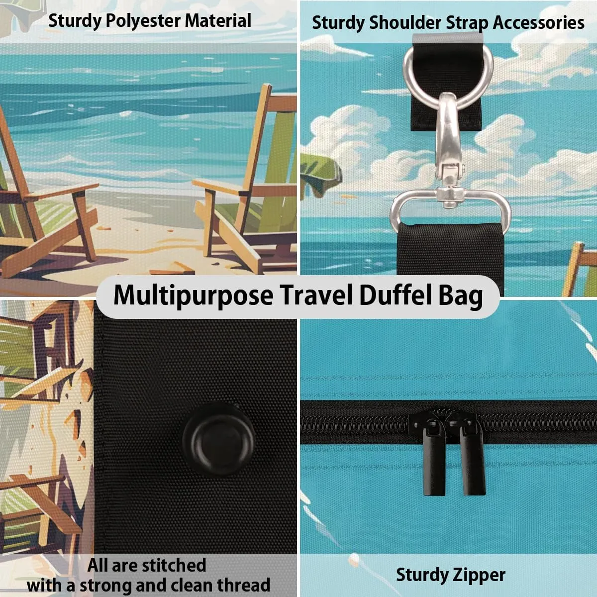 Beach Theme Design Travel Duffel Bag for Women Men Waterproof Foldable Overnight Weekender Bag Large Capacity Sports Gym Bag