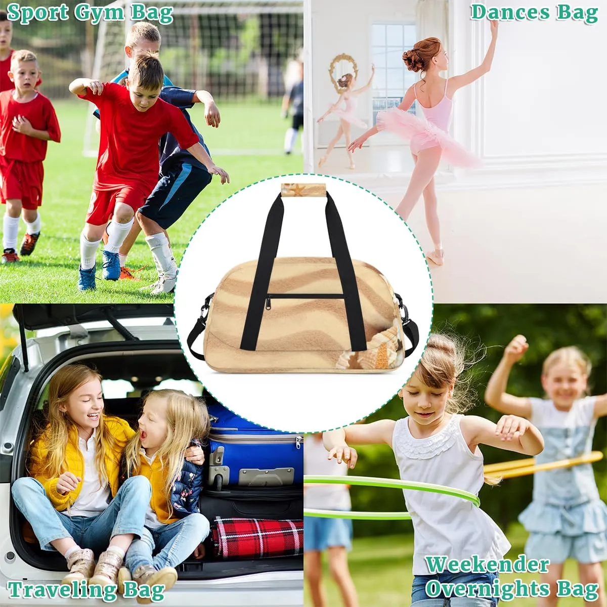 Beach Tropical Boys Girls Gym Bag Dance Perform Training Duffel Bags Weekender Carry-On Tote Luggage Bag Ideal for School Practice or Overnight Trips Seashells Beach